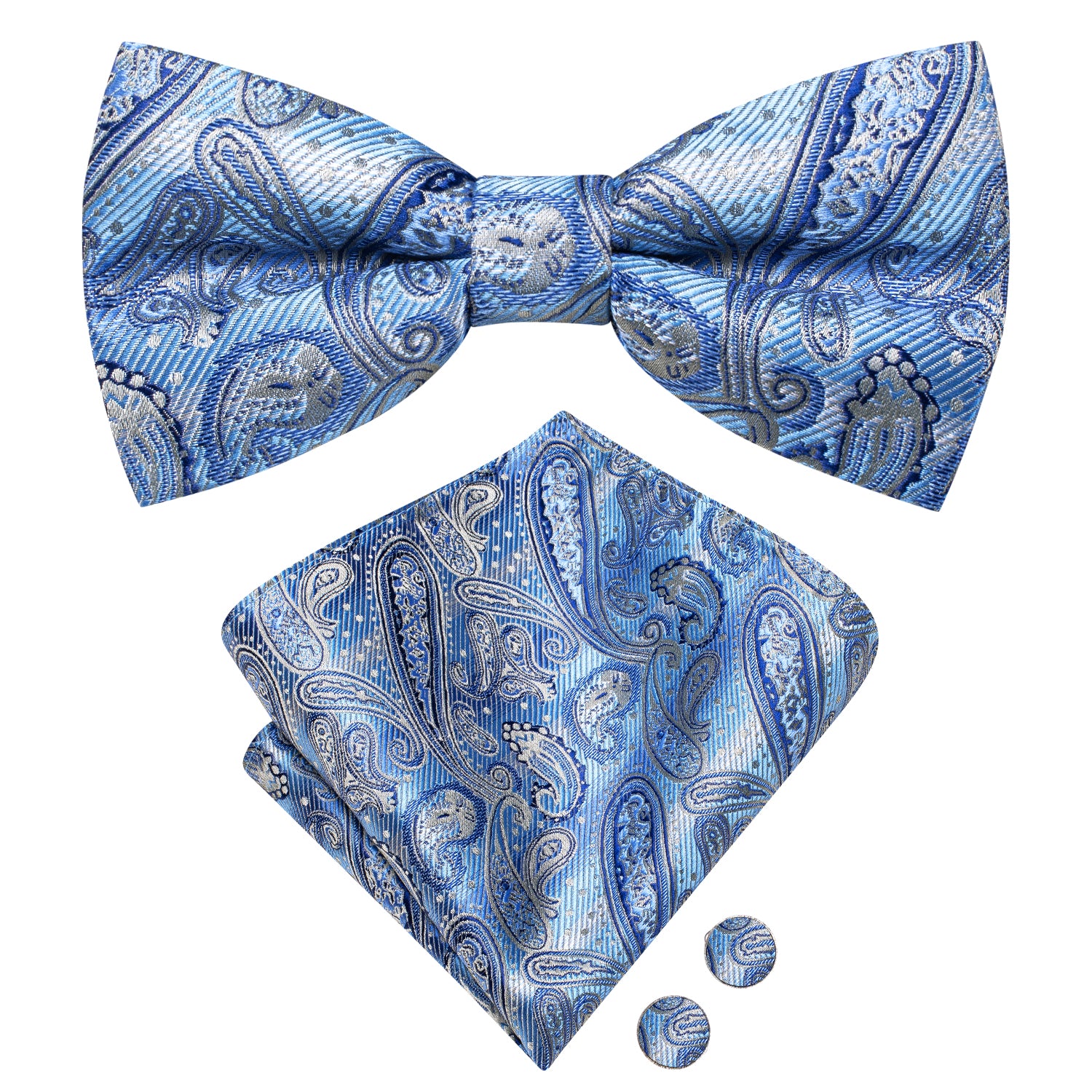 Blue Sliver Paisley Silk Pre-tied Bow Tie Hanky Cufflinks Set