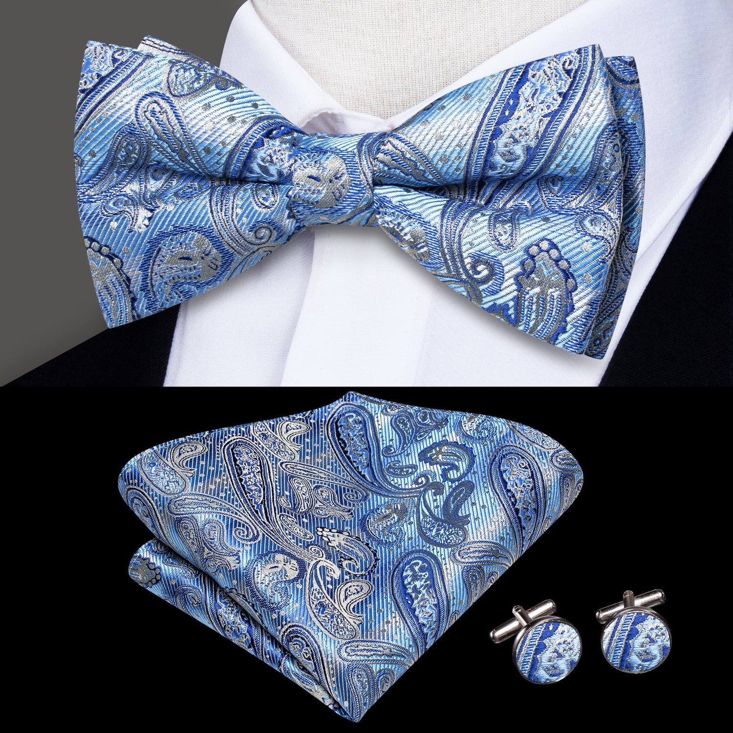 Blue Silver Paisley Silk Pre-tied Bow Tie Hanky Cufflinks Set