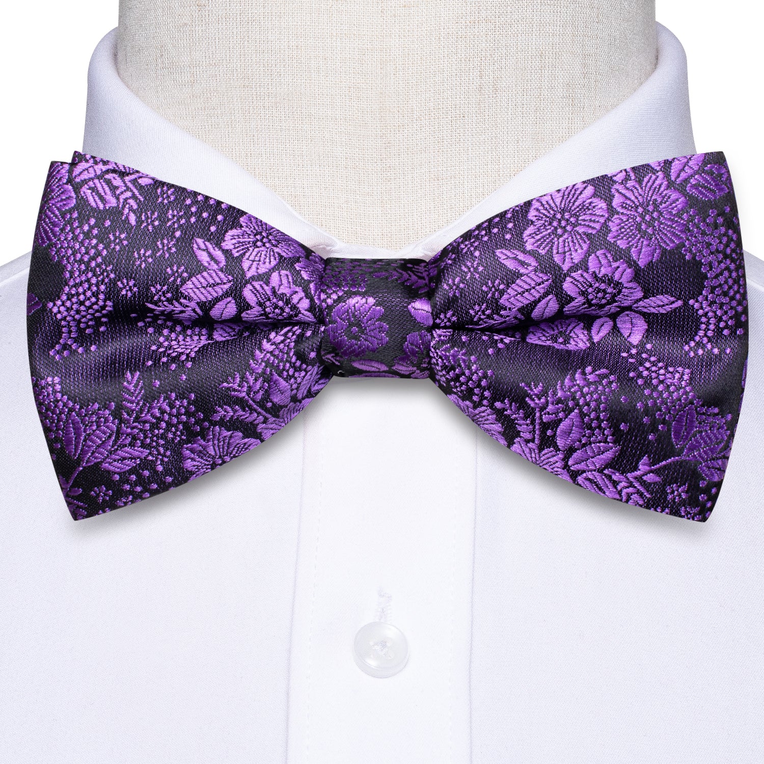 Purple Floral Silk Pre-tied Bow Tie Hanky Cufflinks Set