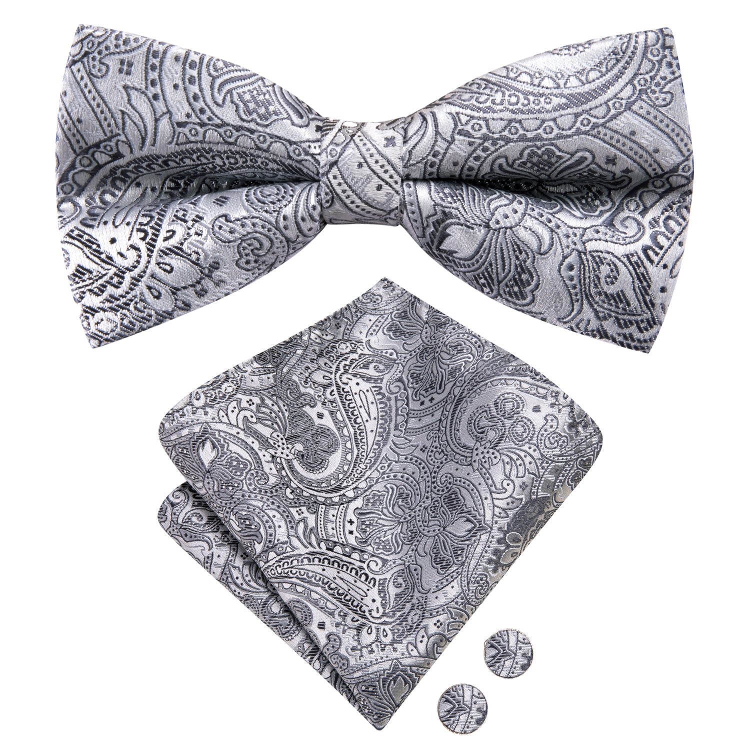 Grey Black Paisley Silk Pre-tied Bow Tie Hanky Cufflinks Set
