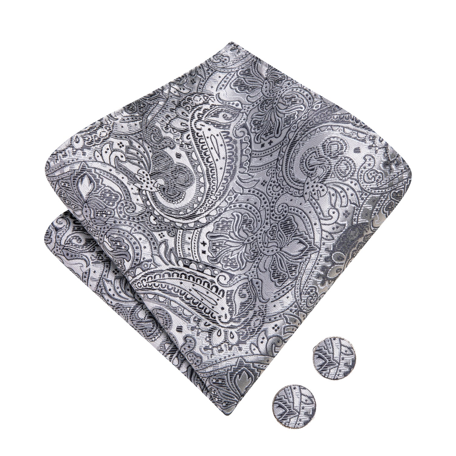 Grey Black Paisley Silk Pre-tied Bow Tie Hanky Cufflinks Set