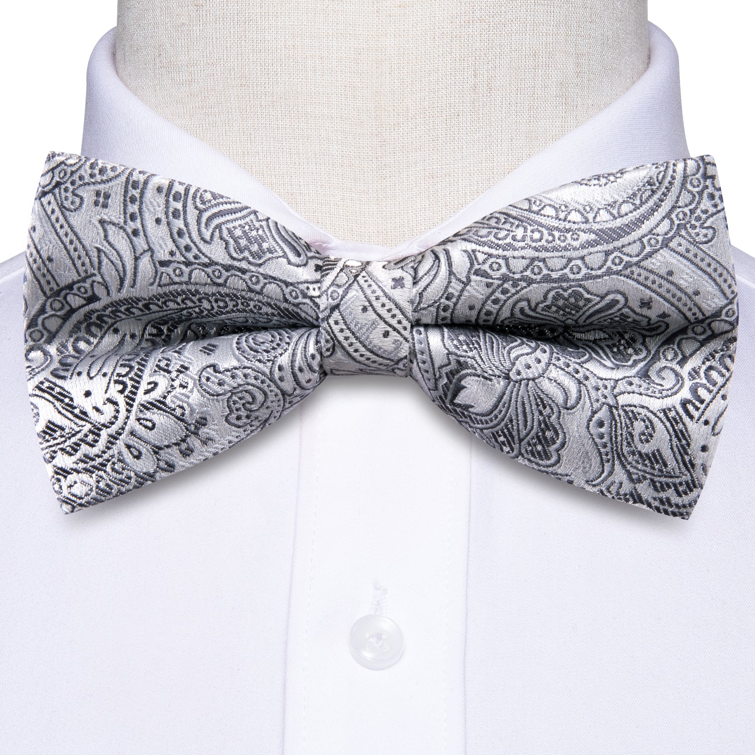Grey Black Paisley Silk Pre-tied Bow Tie Hanky Cufflinks Set