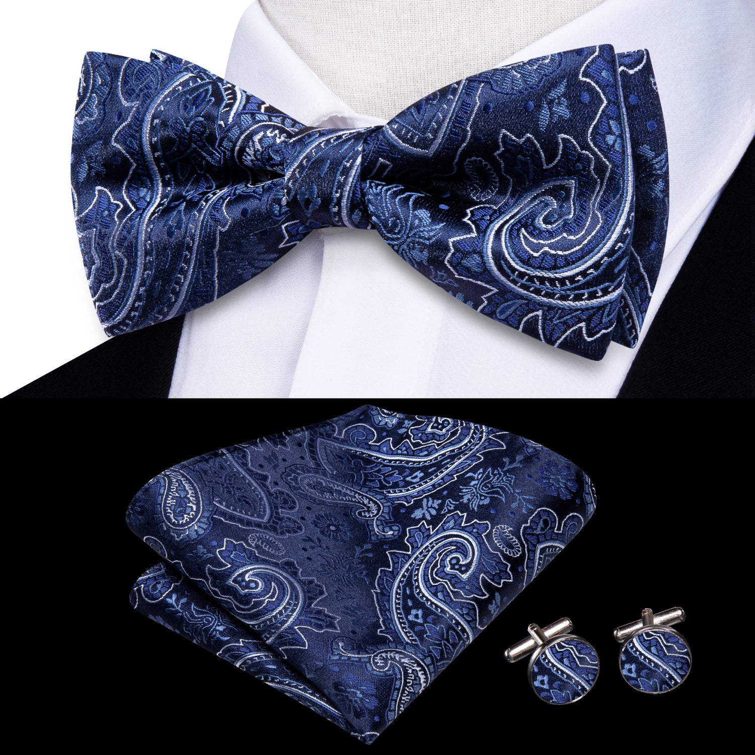 Blue White Paisley Silk Pre-tied Bow Tie Hanky Cufflinks Set