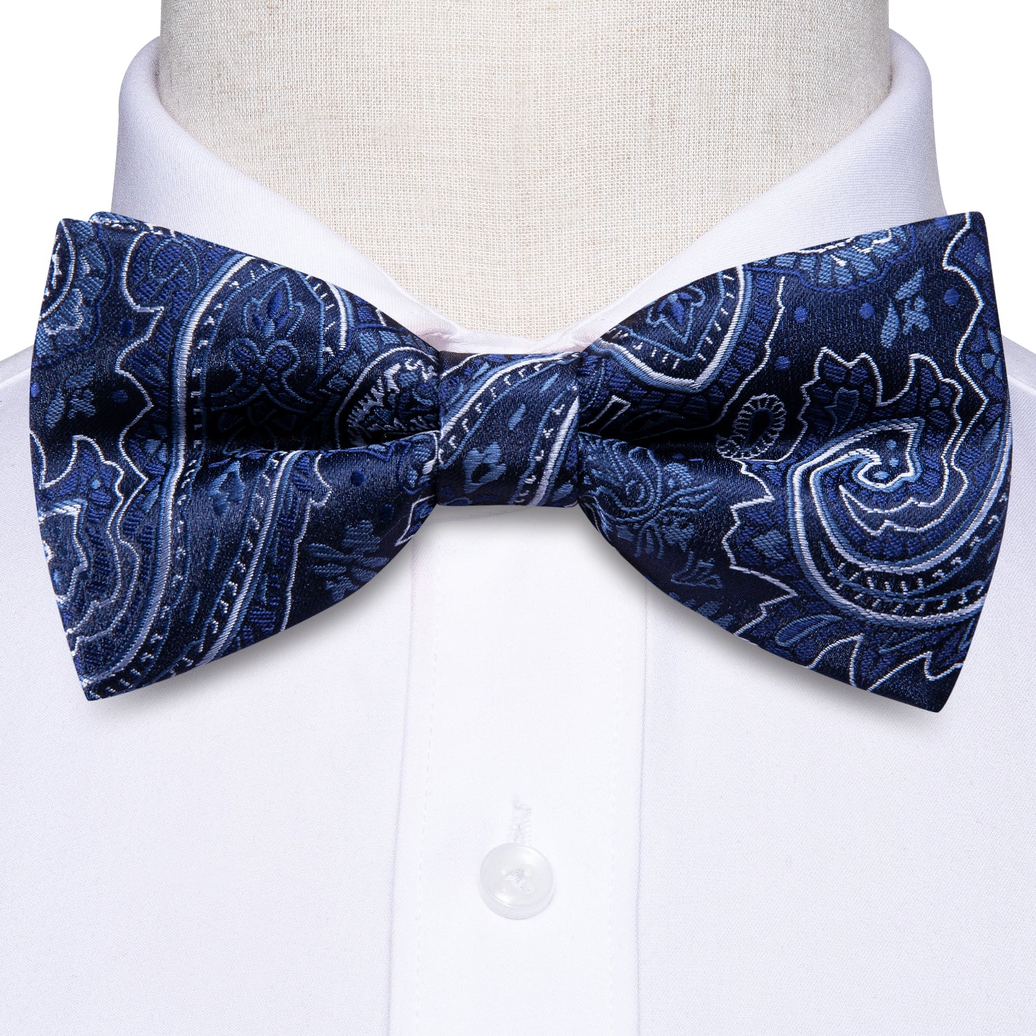 Blue White Paisley Silk Pre-tied Bow Tie Hanky Cufflinks Set