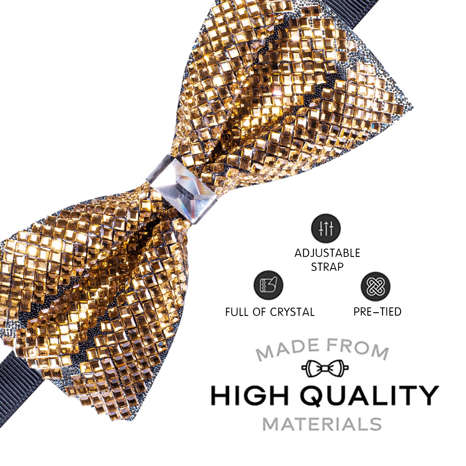Golden Black Shining Rhinestone Pre-tied Adjustable Length Bow Tie