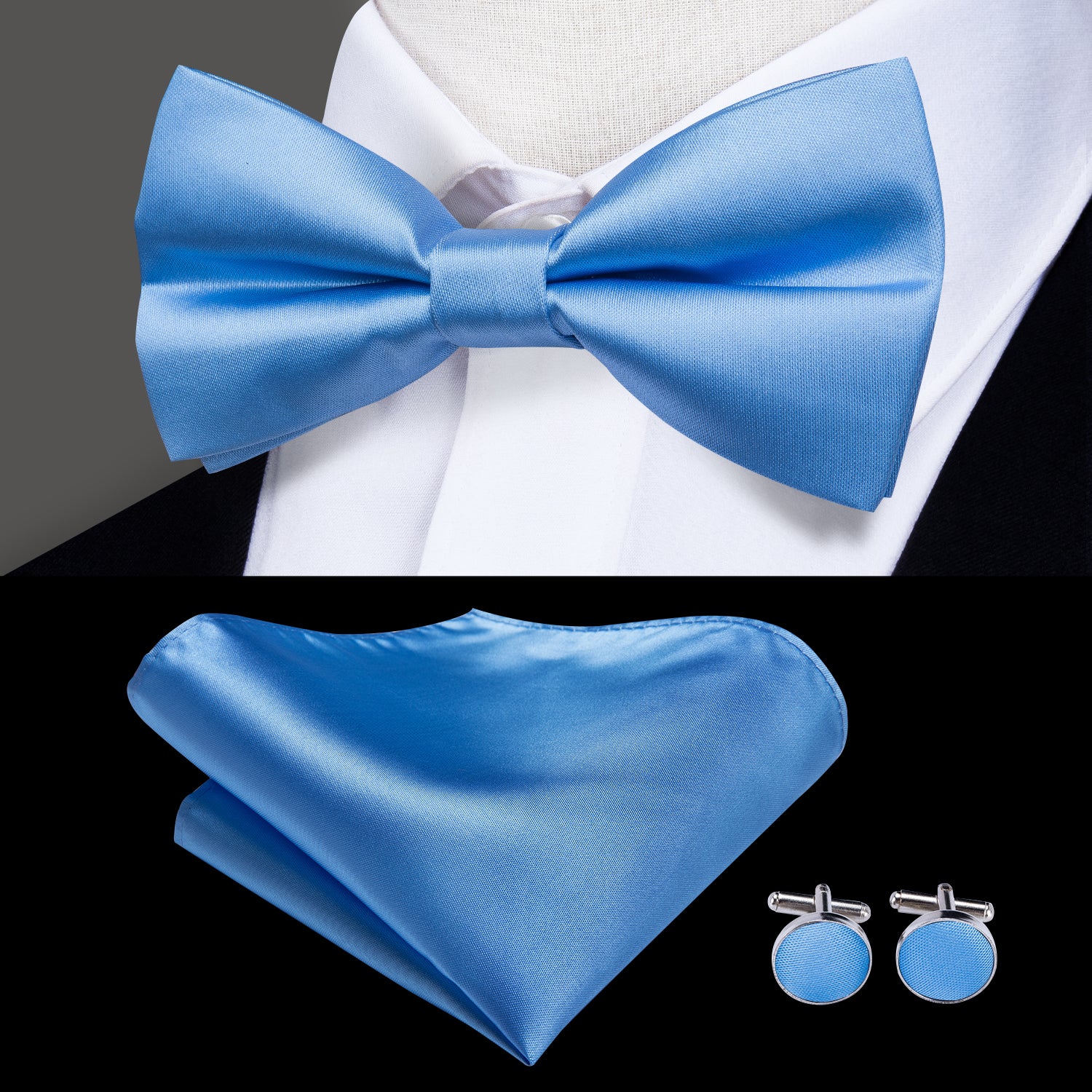 Sky Blue Plain Pre-tied Bow Tie Hanky Cufflinks Set
