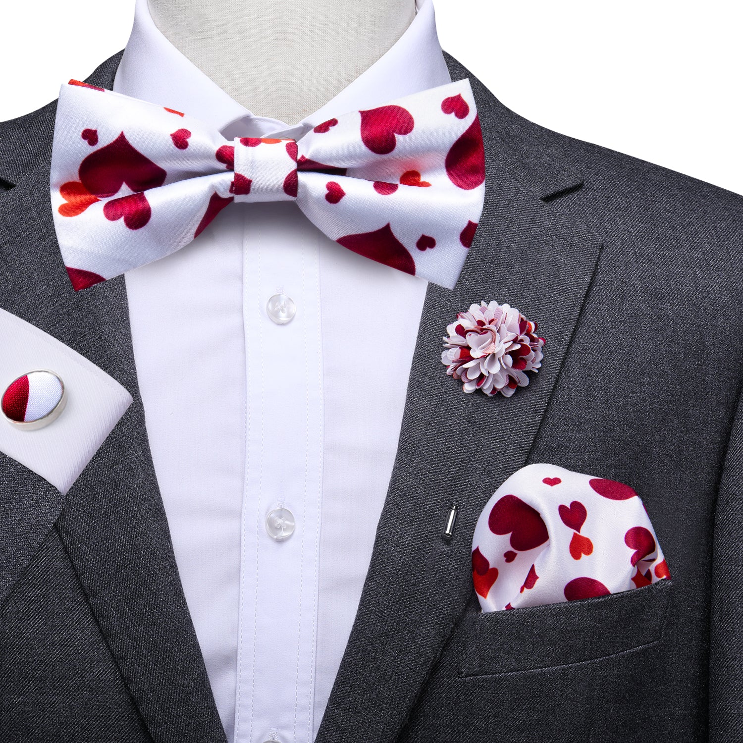 Red Heart Novelty Pre-tied Bow Tie Hanky Cufflinks Pin Set