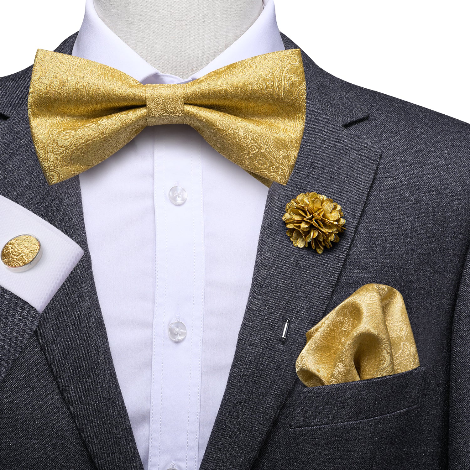 Gold Paisley Pre-tied Bow Tie Hanky Cufflinks Pin Set