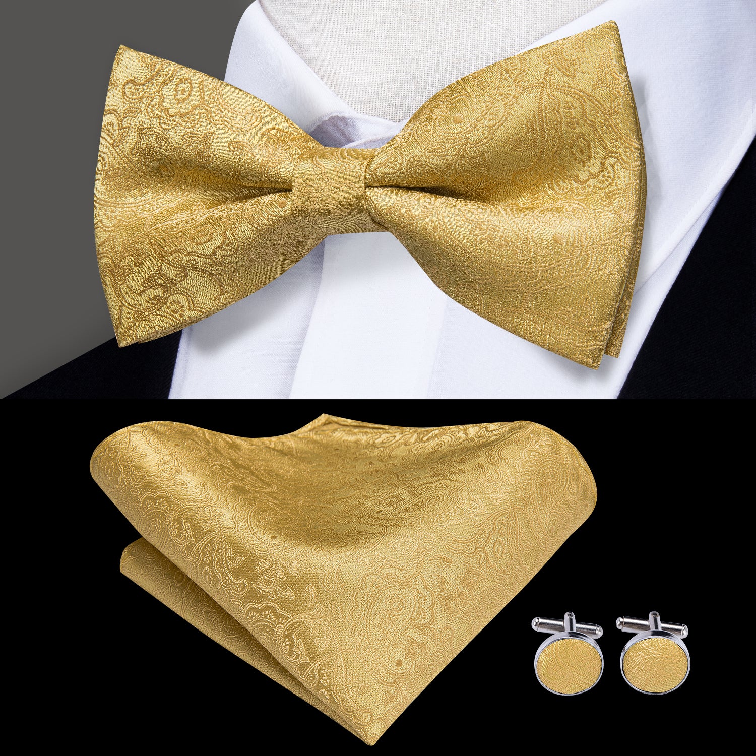 Gold Paisley Pre-tied Bow Tie Hanky Cufflinks Pin Set
