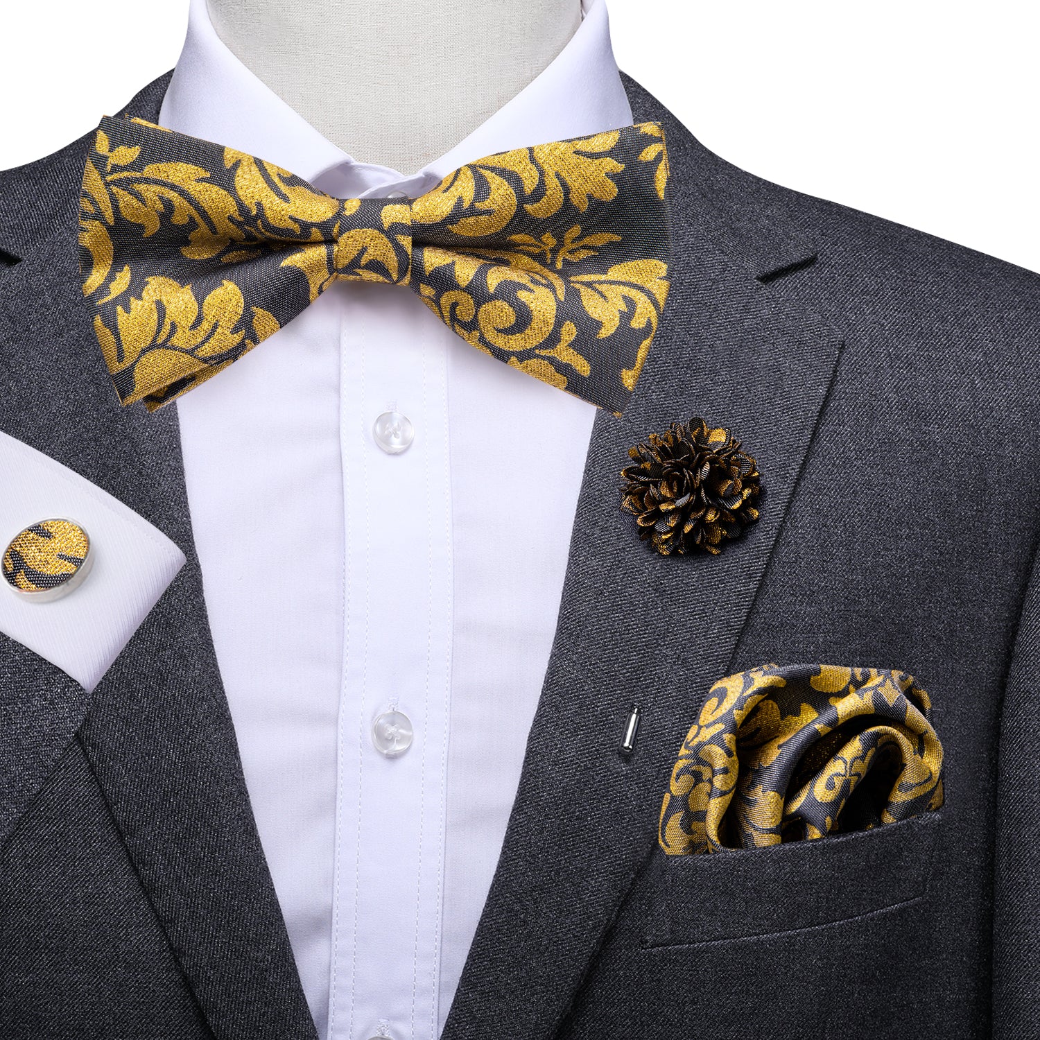 Black Gold Floral Pre-tied Mens Bow Tie Hanky Cufflinks Pin Set