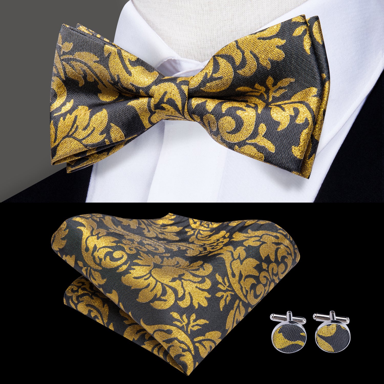 Black Gold Floral Pre-tied Mens Bow Tie Hanky Cufflinks Pin Set