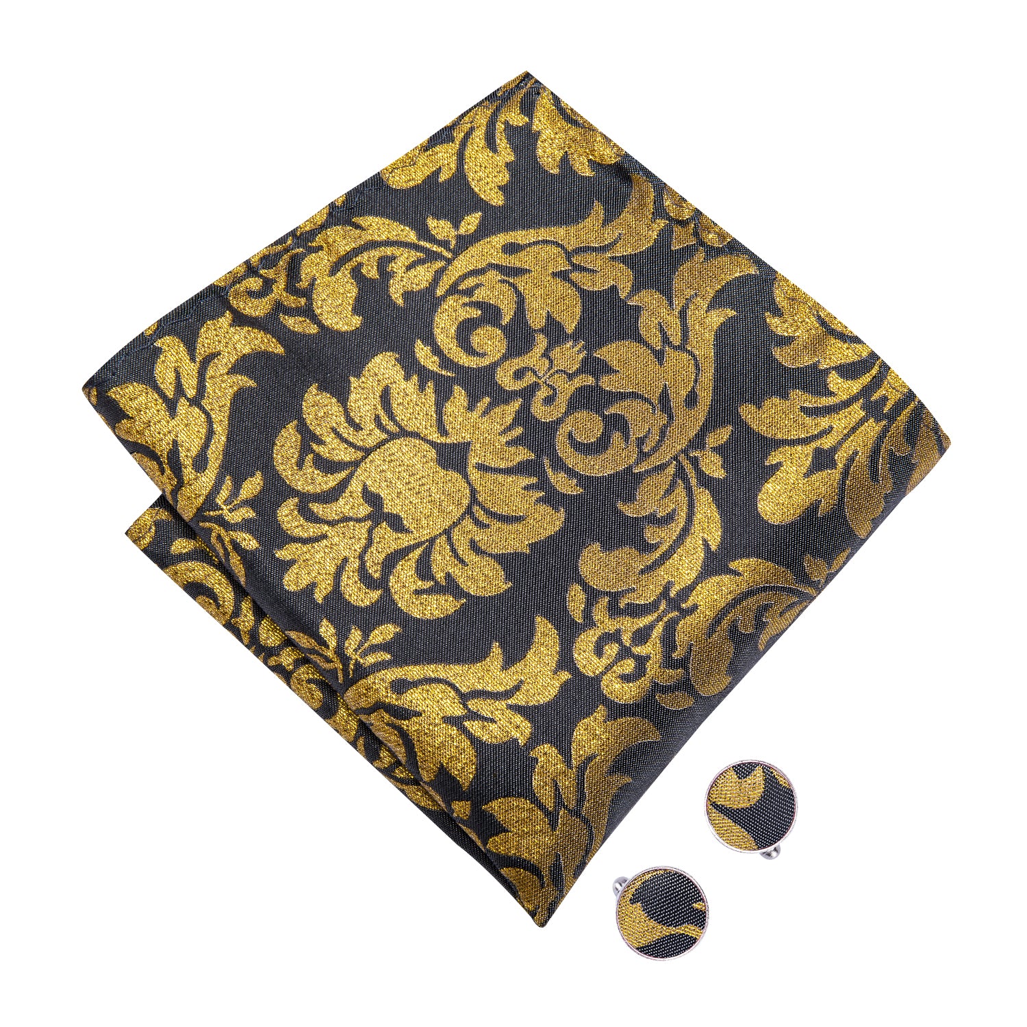 Black Gold Floral Pre-tied Mens Bow Tie Hanky Cufflinks Pin Set