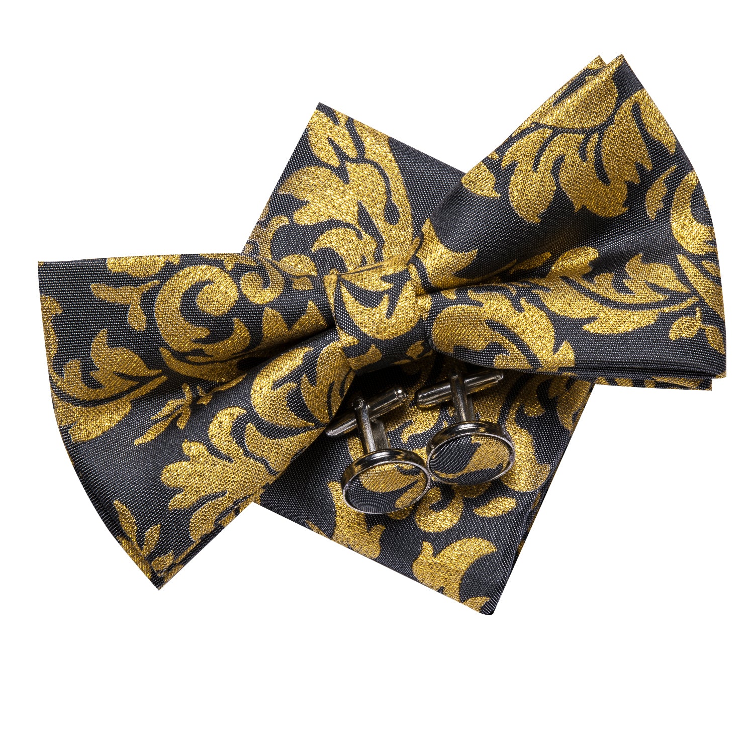 Black Gold Floral Pre-tied Mens Bow Tie Hanky Cufflinks Pin Set