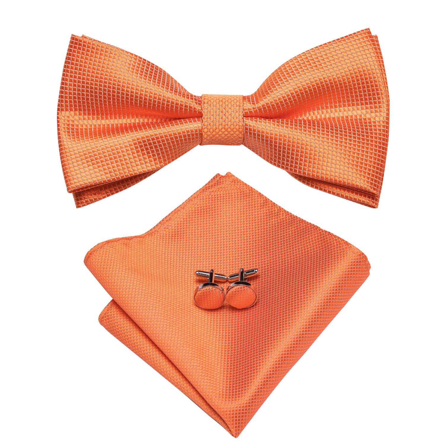Solid Orange Pre-tied Bow Tie Hanky Cufflinks Set