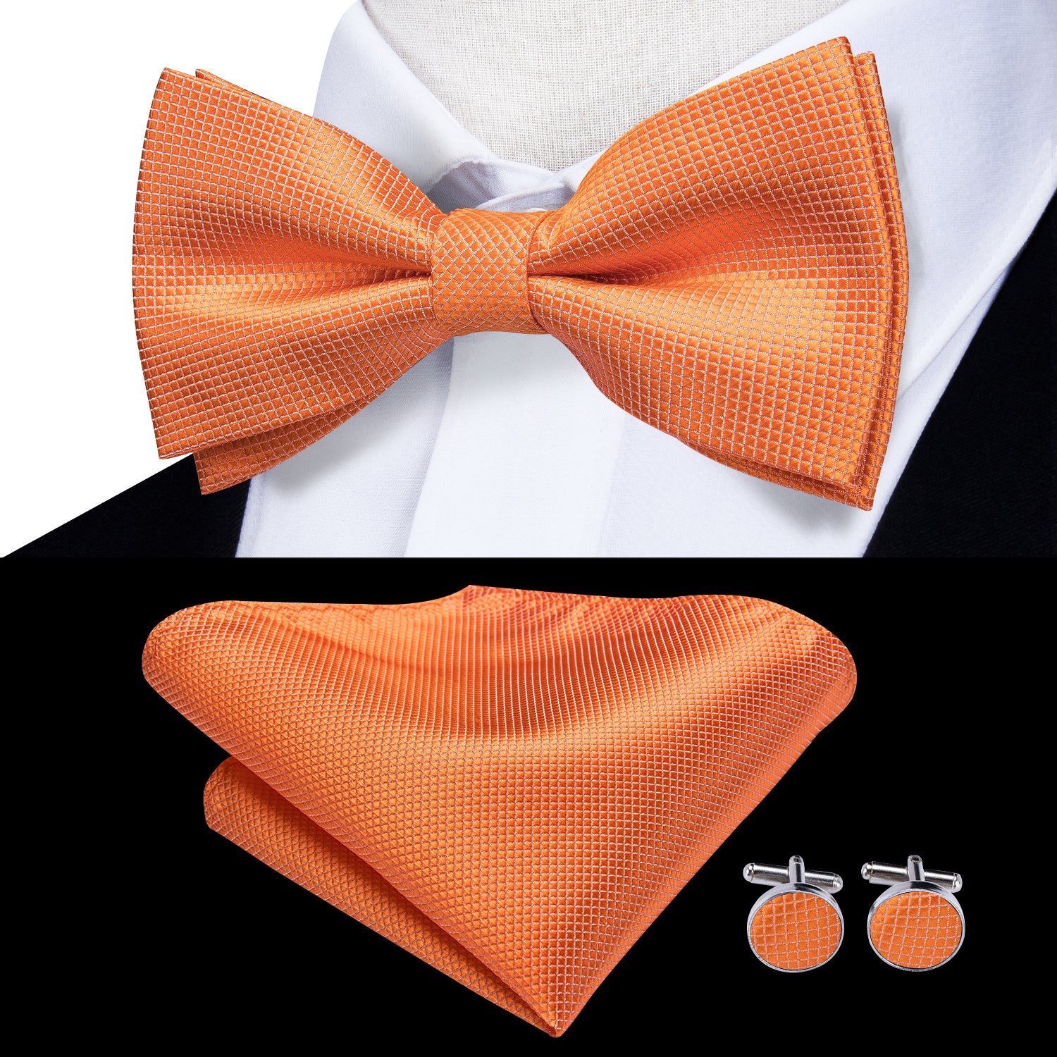 Solid Orange Pre-tied Bow Tie Hanky Cufflinks Set