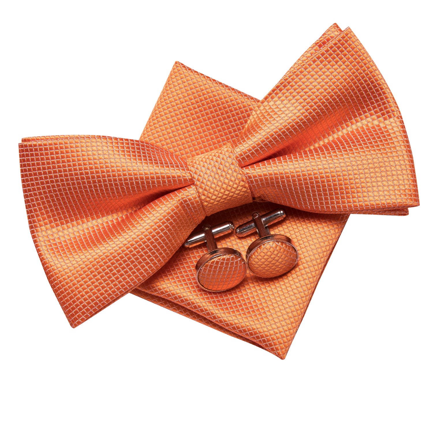 Solid Orange Pre-tied Bow Tie Hanky Cufflinks Set