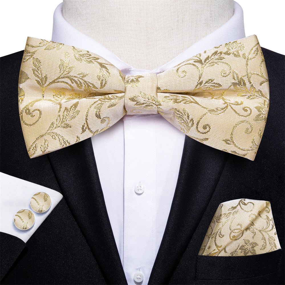 Beige Gold Floral Pre-tied Men's Bow Tie Hanky Cufflinks Set