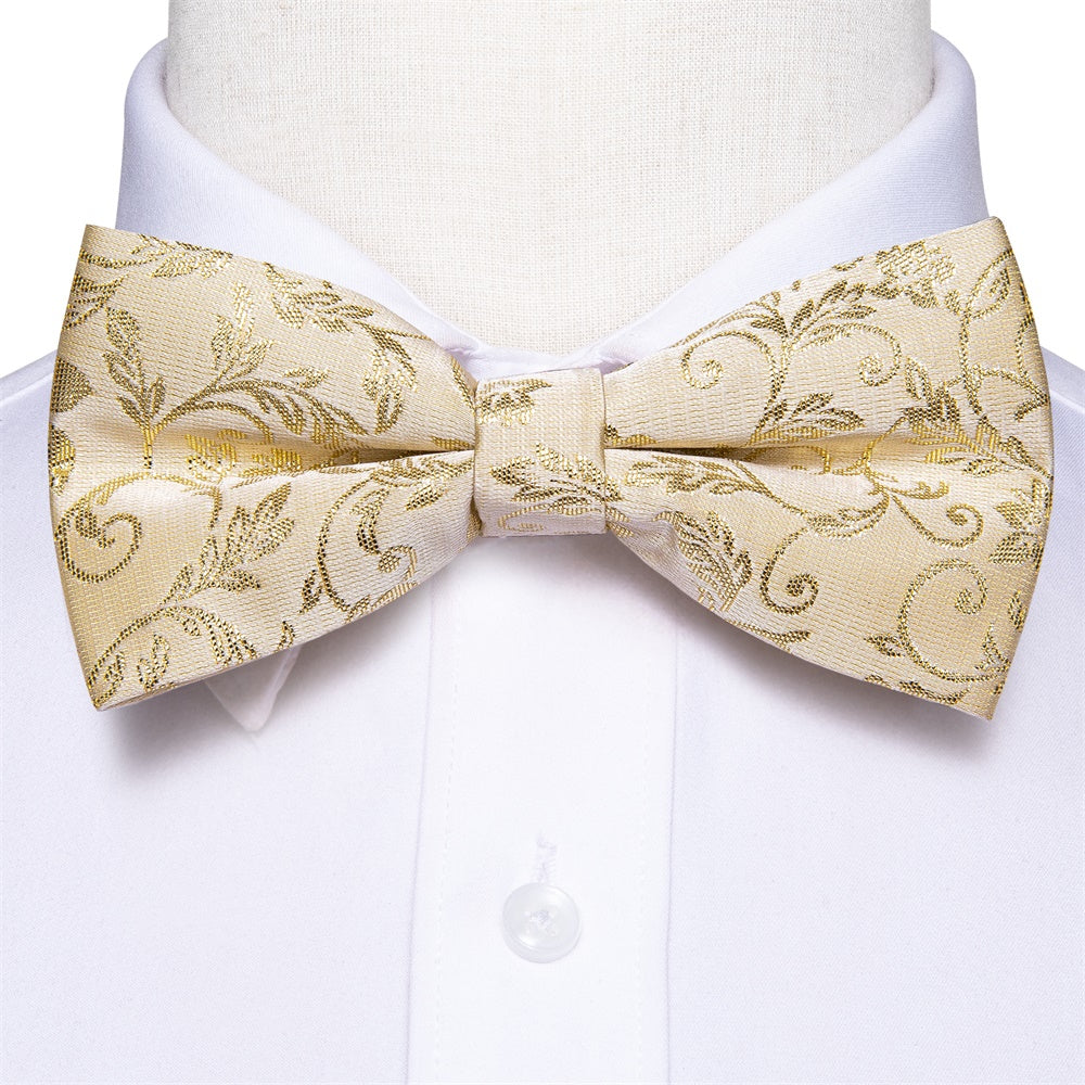 Beige Gold Floral Pre-tied Men's Bow Tie Hanky Cufflinks Set