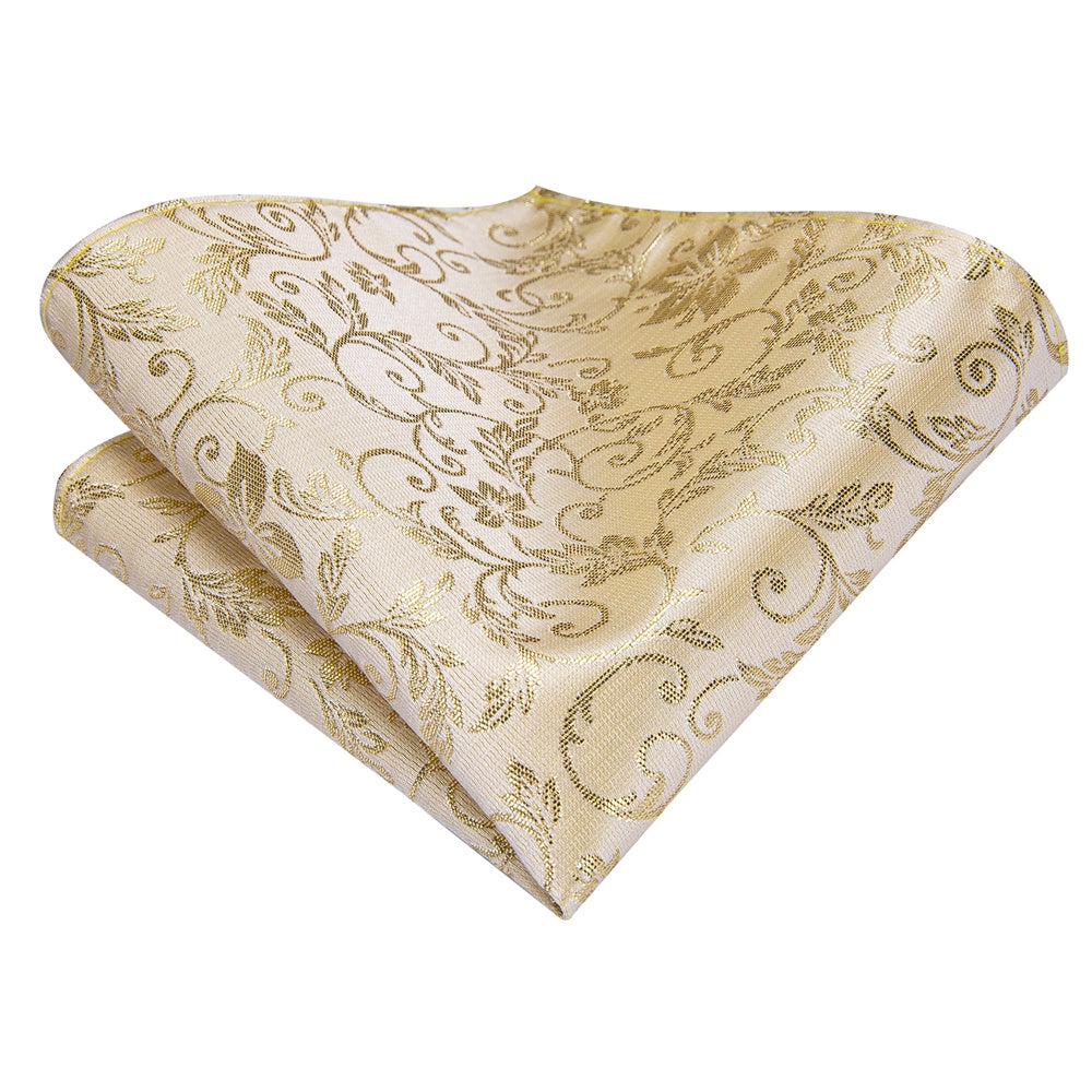 Beige Gold Floral Pre-tied Men's Bow Tie Hanky Cufflinks Set