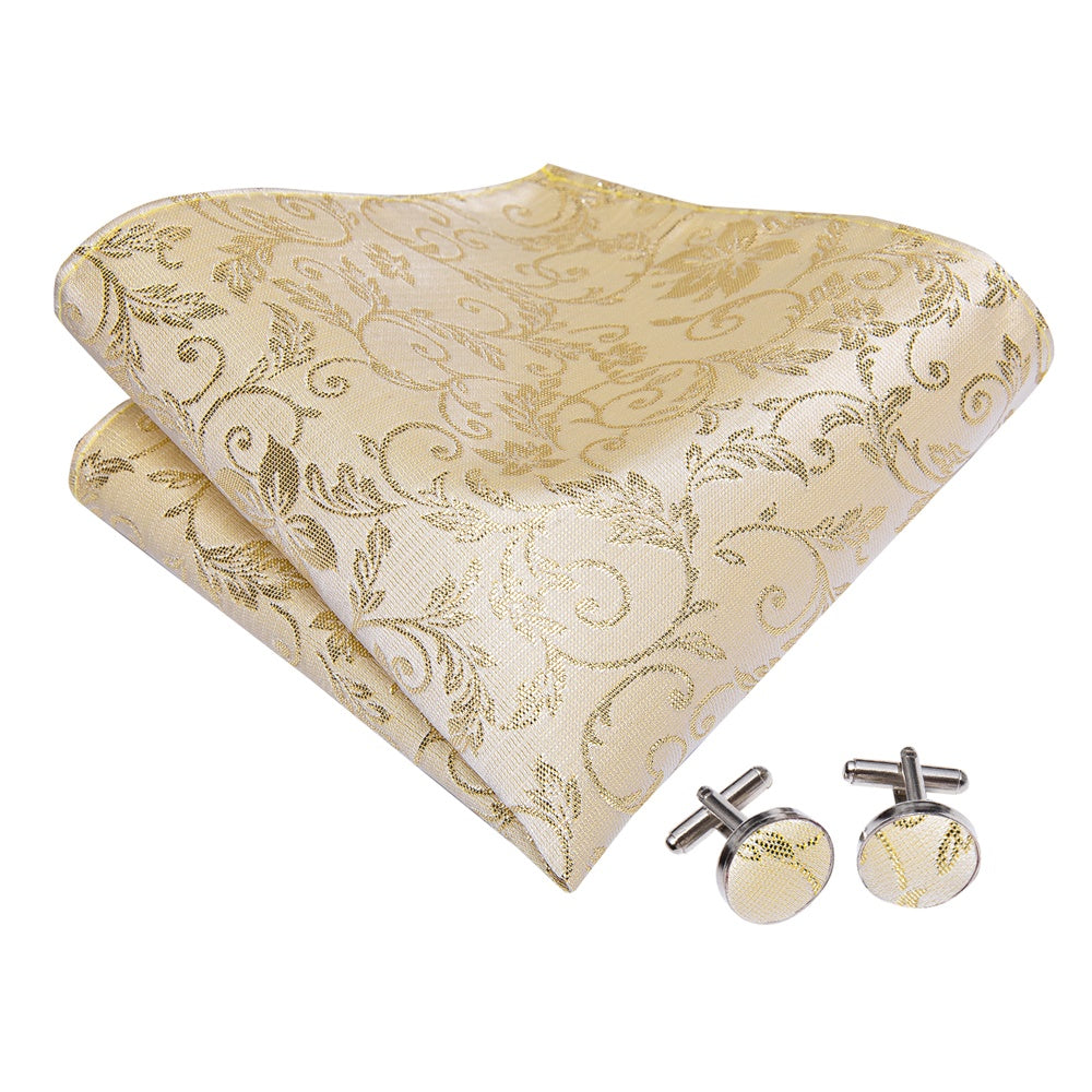 Beige Gold Floral Pre-tied Men's Bow Tie Hanky Cufflinks Set