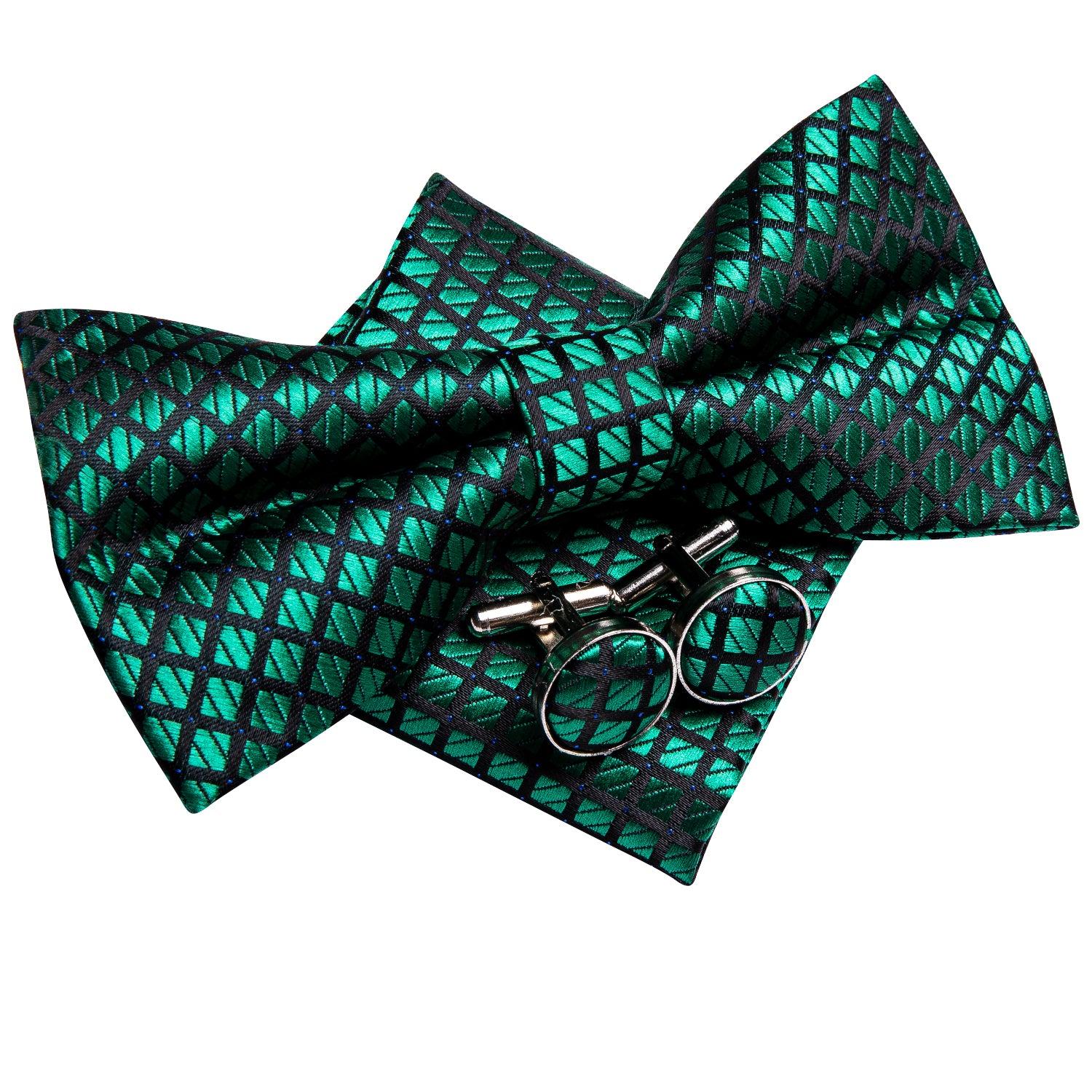 Green Black Plaid Pre-tied Bow Tie Hanky Cufflinks Set