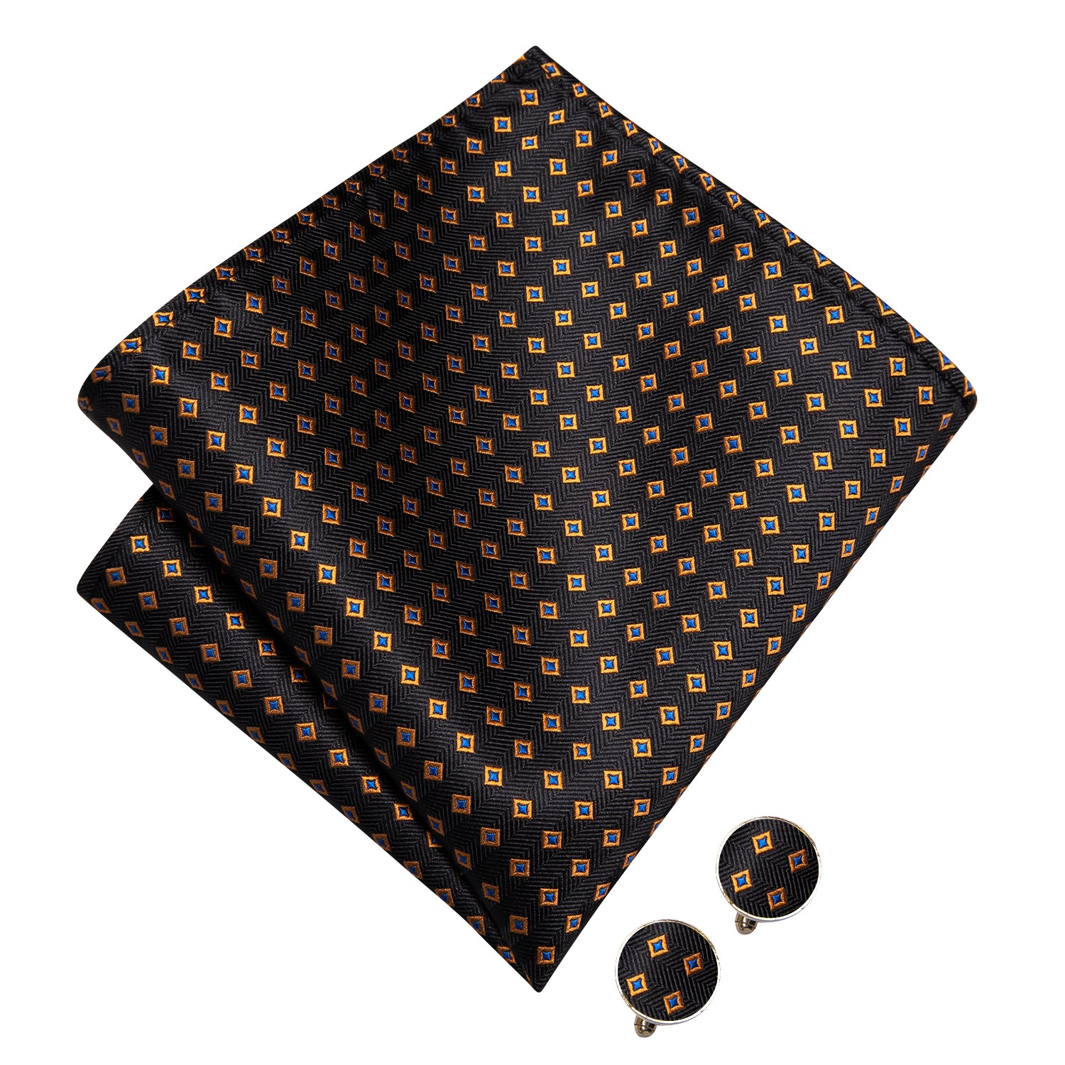 Brown Gold Blue Plaid Pre-tied Bow Tie Hanky Cufflinks Set