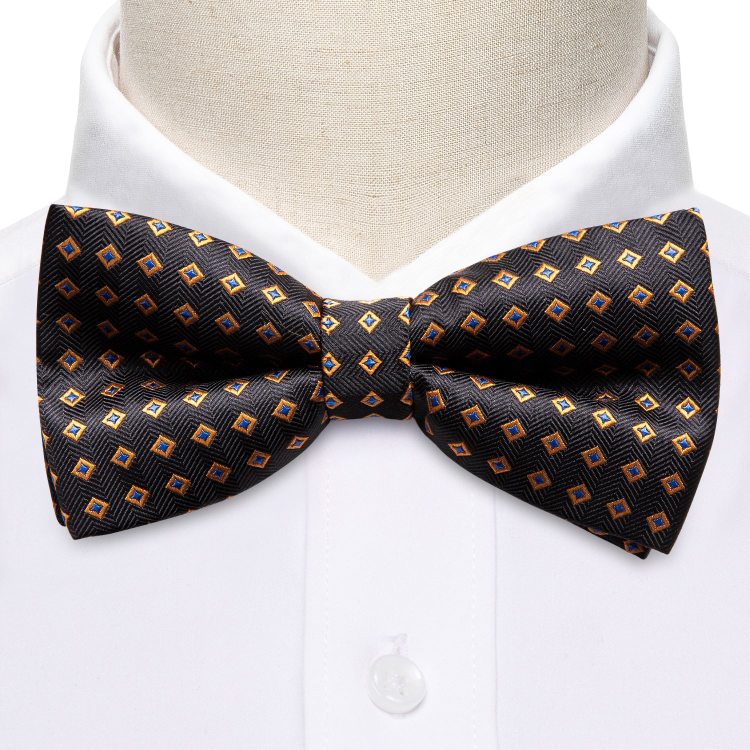 Brown Gold Blue Plaid Pre-tied Bow Tie Hanky Cufflinks Set
