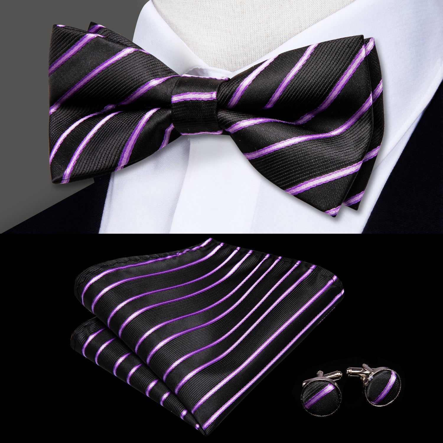 Black Purple Striped Mens Pre-tied Bow Tie Hanky Cufflinks Set