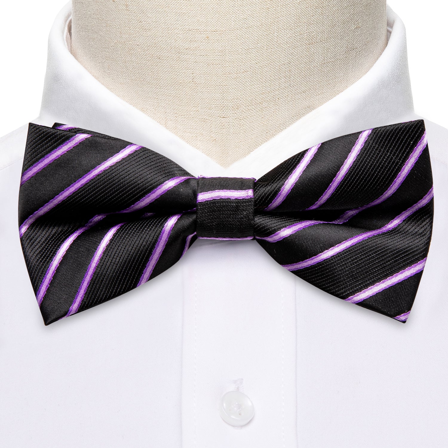 Black Purple Striped Mens Pre-tied Bow Tie Hanky Cufflinks Set