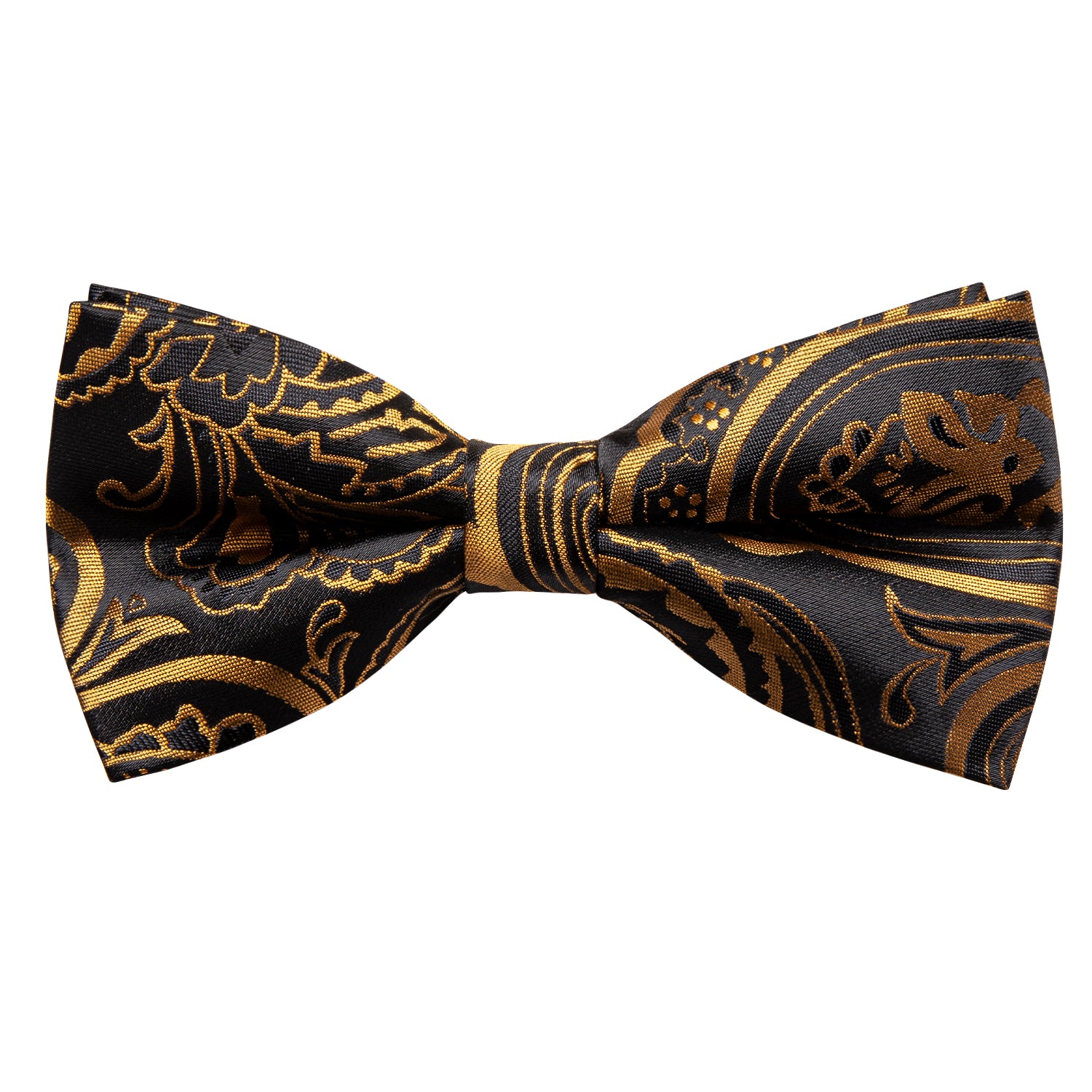 Black Golden Paisley Pre-tied Bow Tie Hanky Cufflinks Set