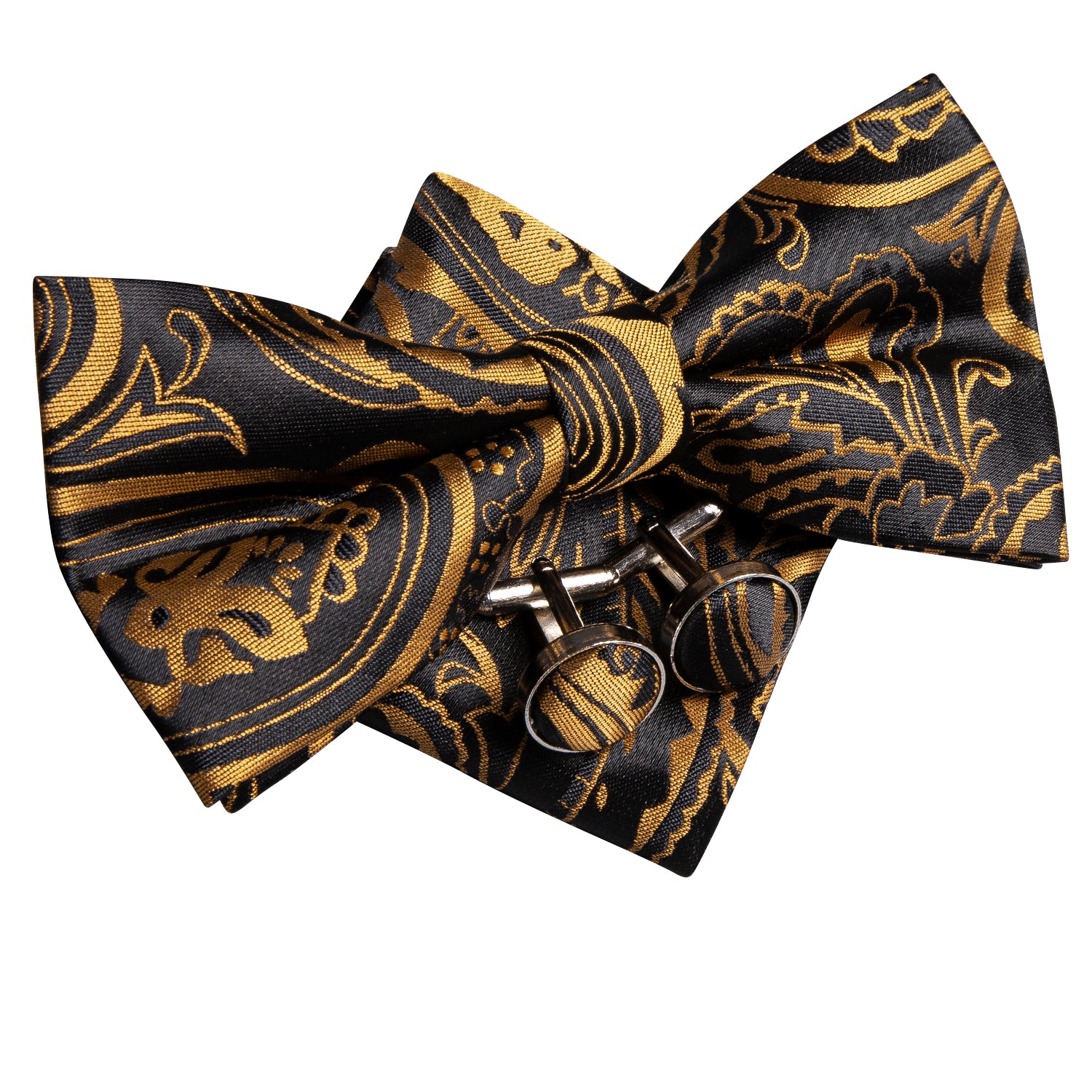 Black Golden Paisley Pre-tied Bow Tie Hanky Cufflinks Set
