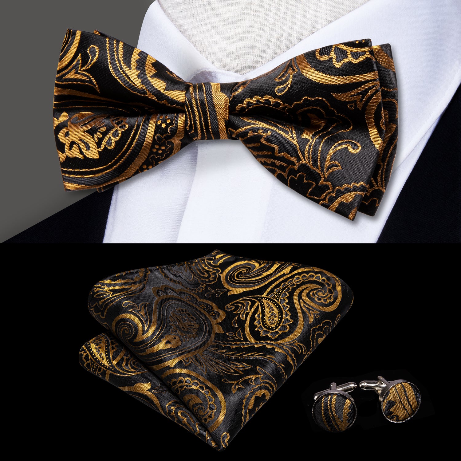 Black Golden Paisley Pre-tied Bow Tie Hanky Cufflinks Set