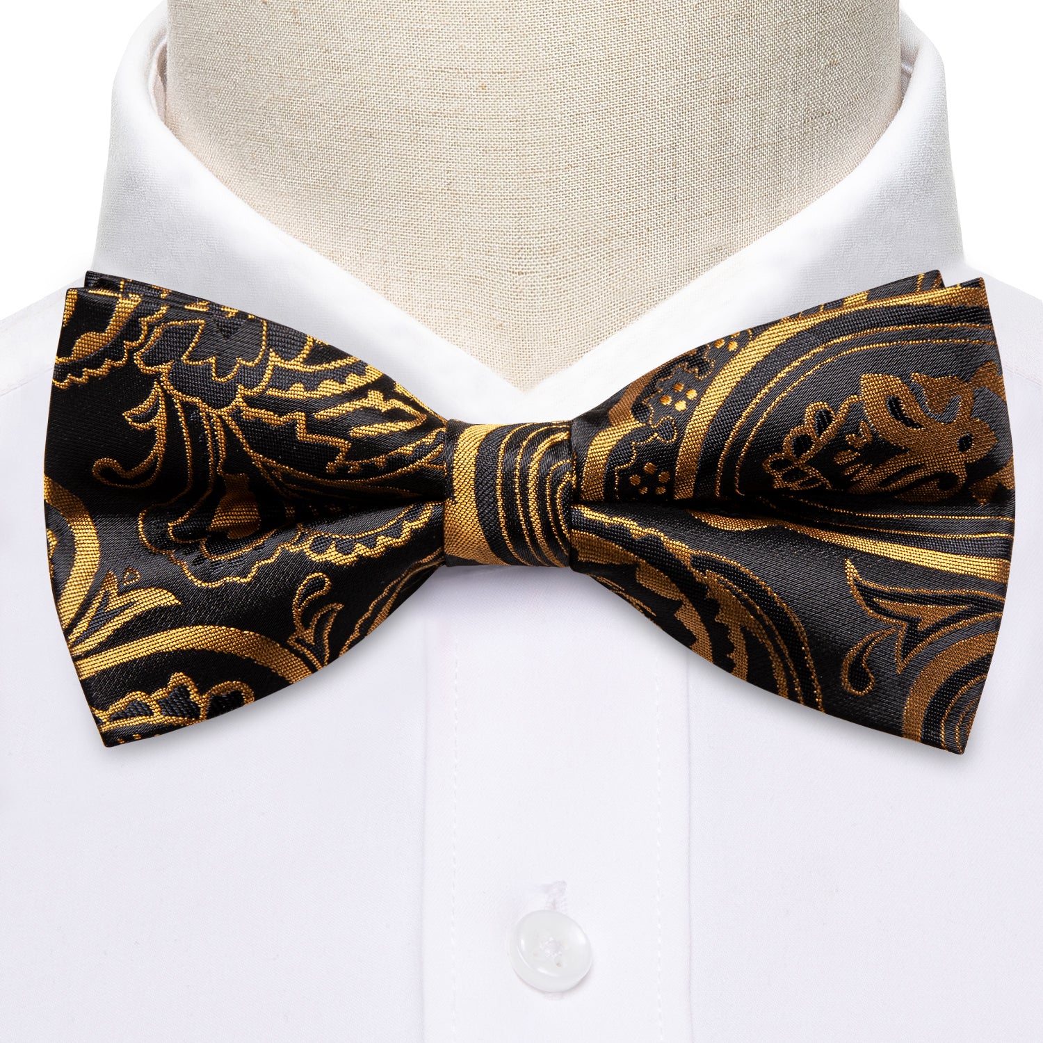Black Golden Paisley Pre-tied Bow Tie Hanky Cufflinks Set