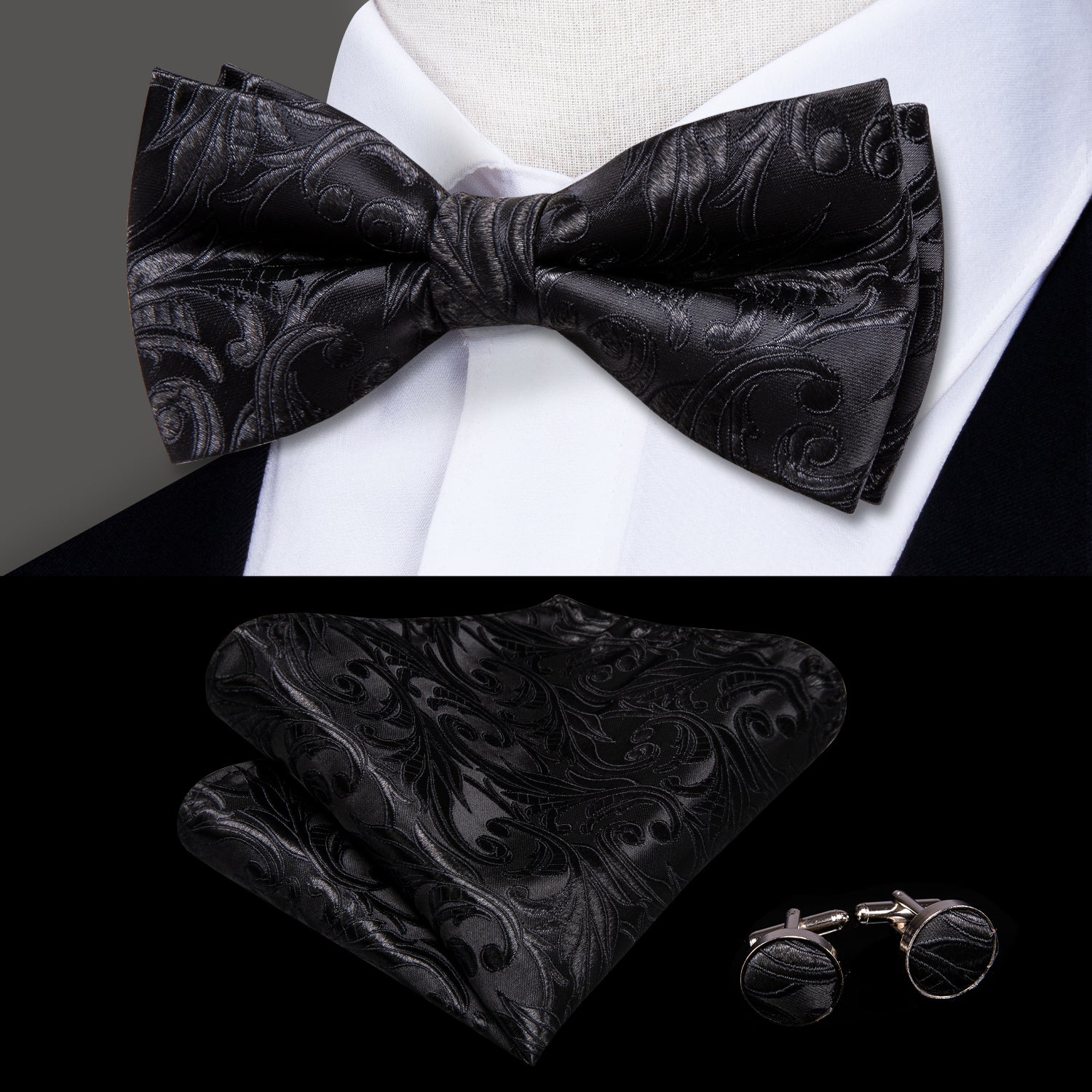Mens Black Ties Paisley Pre-tied Bow Tie Hanky Cufflinks Set