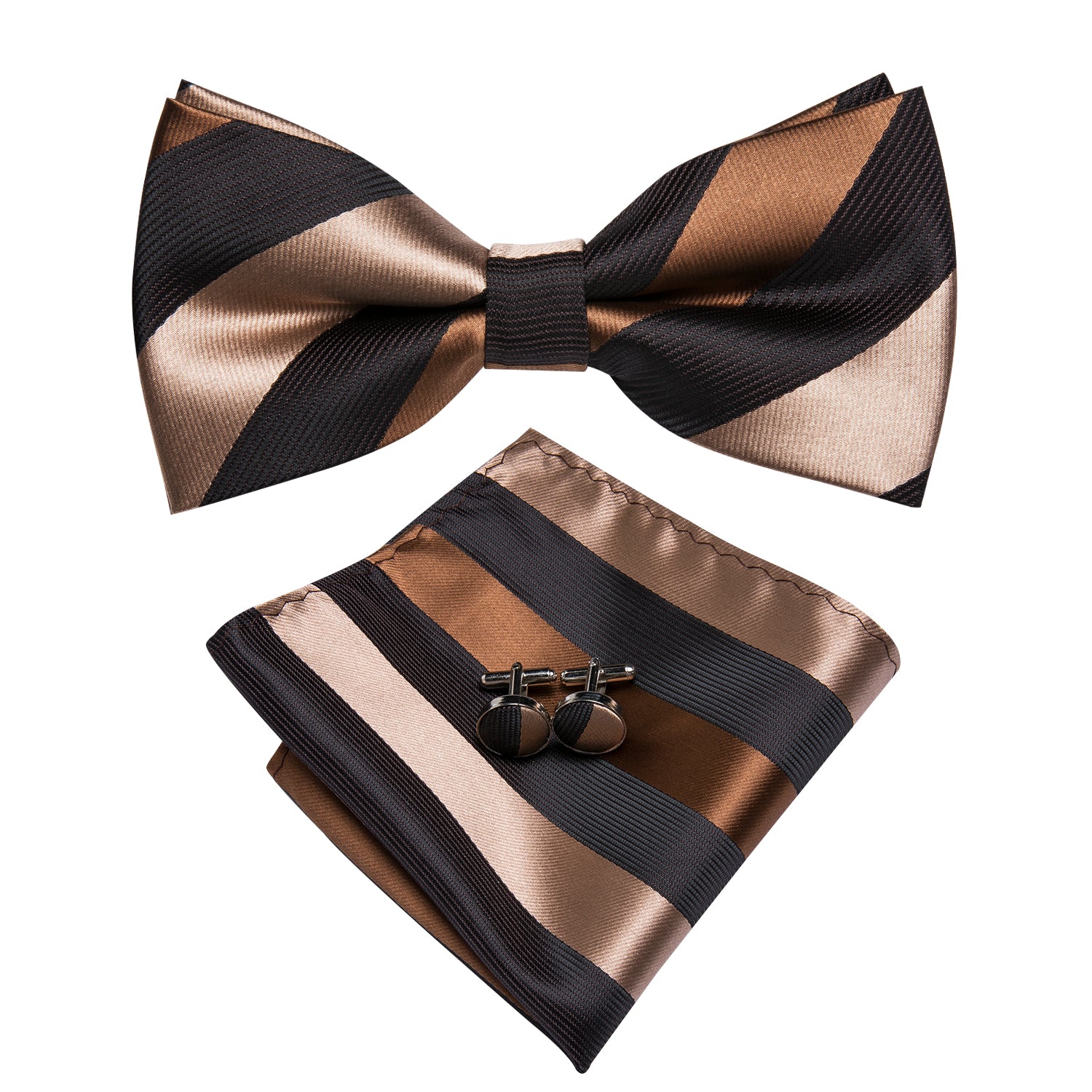 Black Brown Stripe Pre-tied Bow Tie Hanky Cufflinks Set