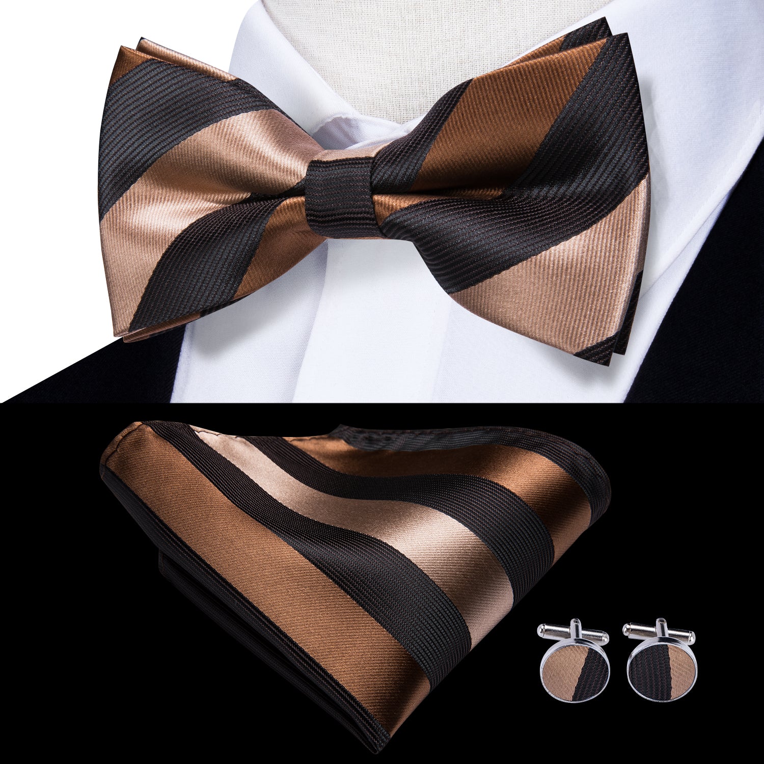 Black Brown Stripe Men Tie Pre-tied Bow Tie Hanky Cufflinks Set