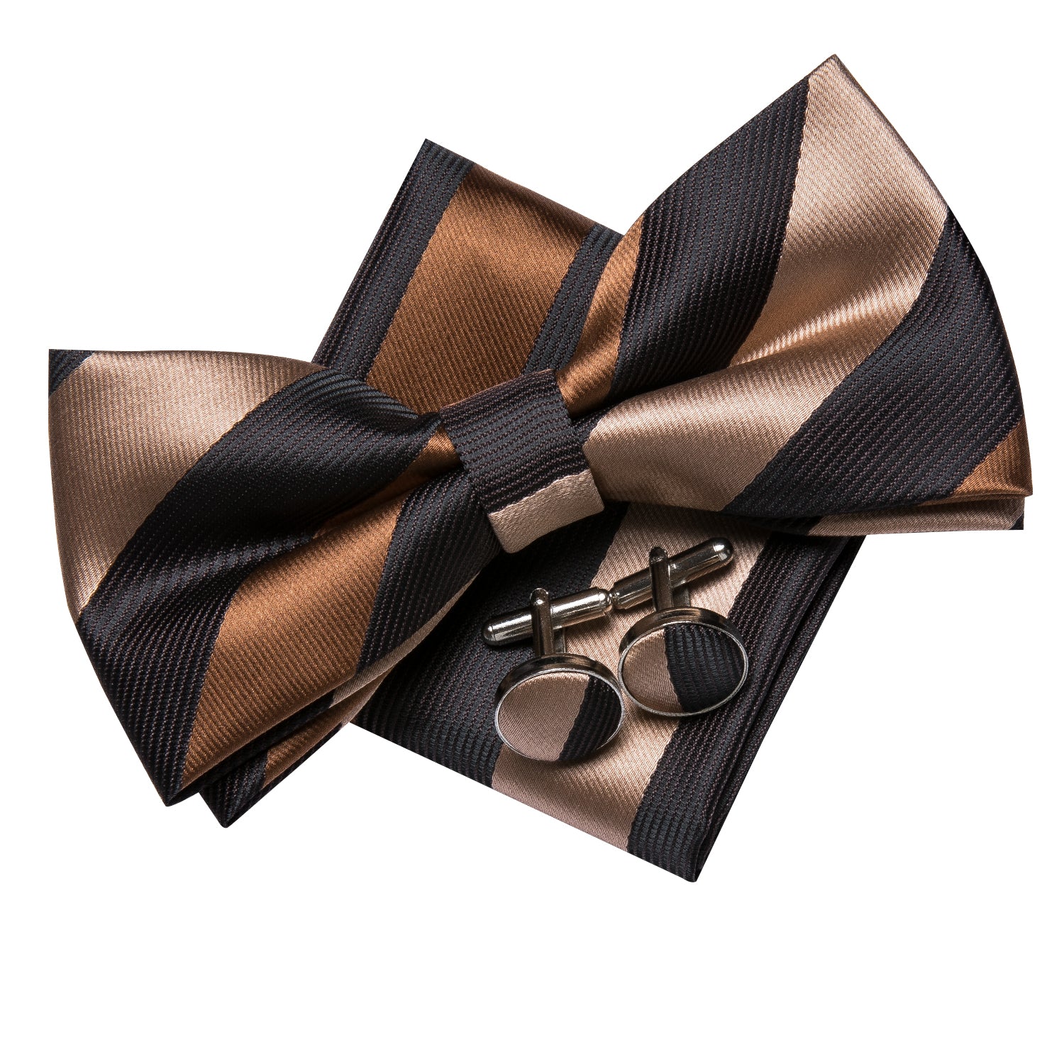 Black Brown Stripe Men Tie Pre-tied Bow Tie Hanky Cufflinks Set