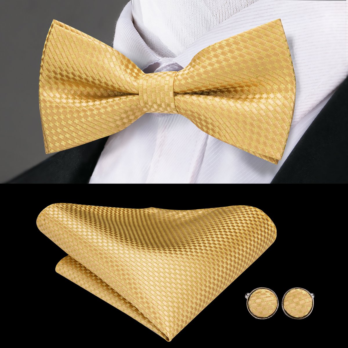 Mens Golden Yellow Plaid Pre-tied Bow Tie Hanky Cufflinks Set Black Suit