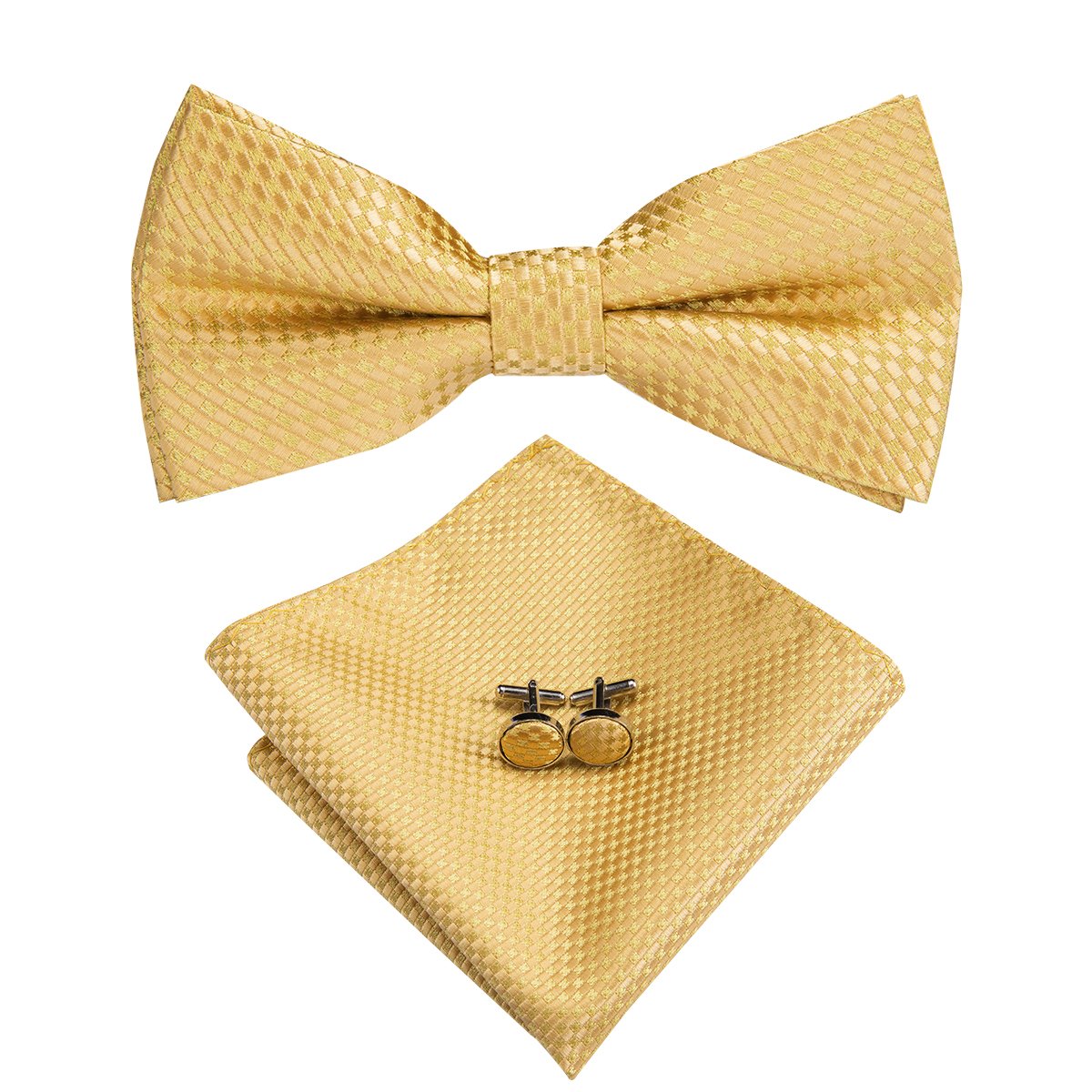 Mens Golden Yellow Plaid Pre-tied Bow Tie Hanky Cufflinks Set