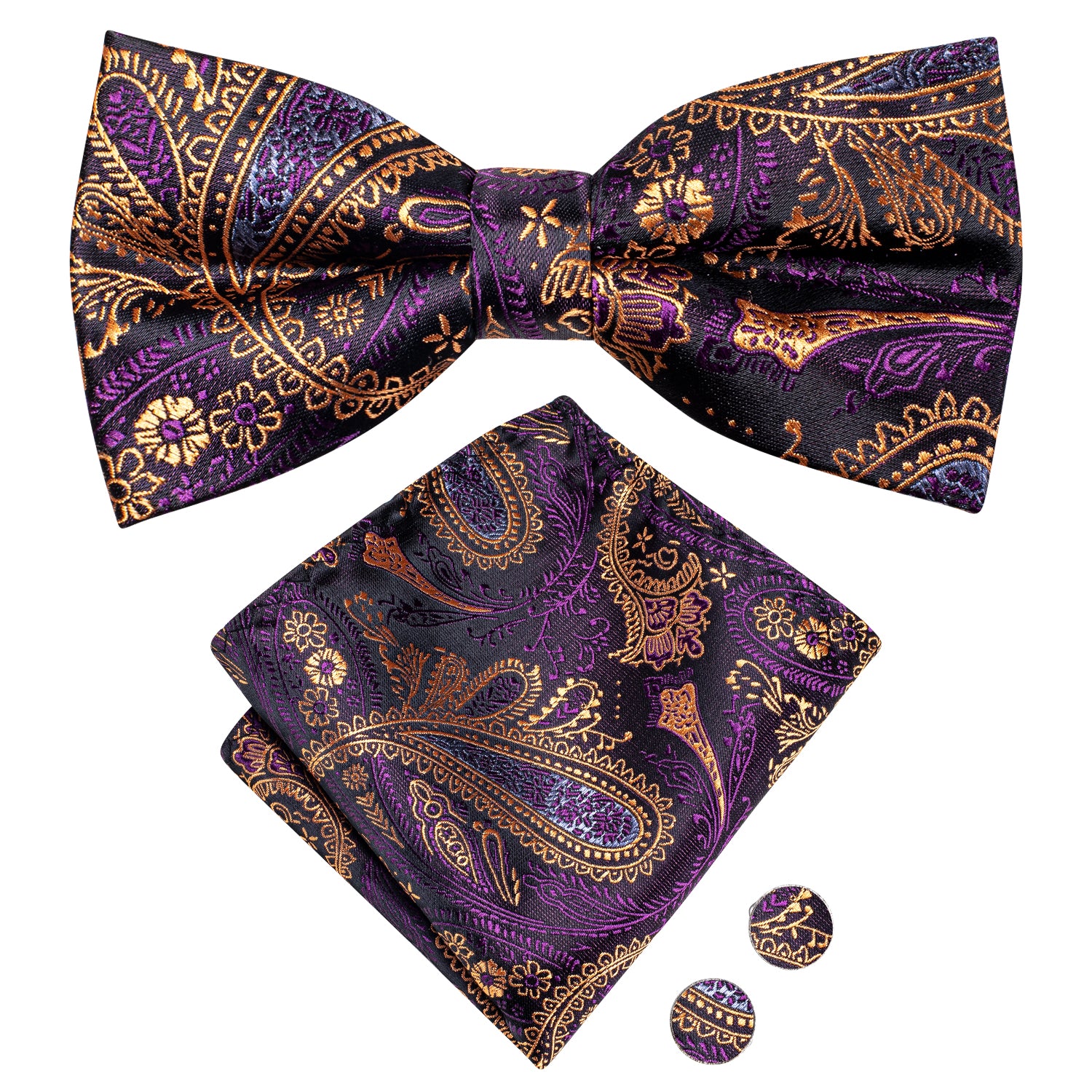 Purple Golden Paisley Silk Pre-tied Bow Tie Hanky Cufflinks Set