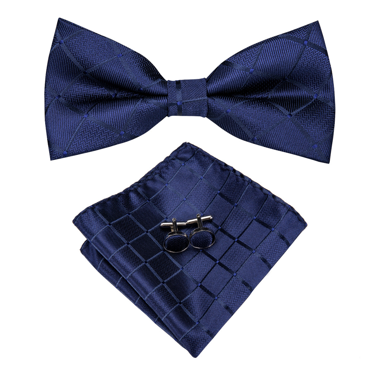 Deep Blue Plaid Pre-tied Bow Tie Hanky Cufflinks Set