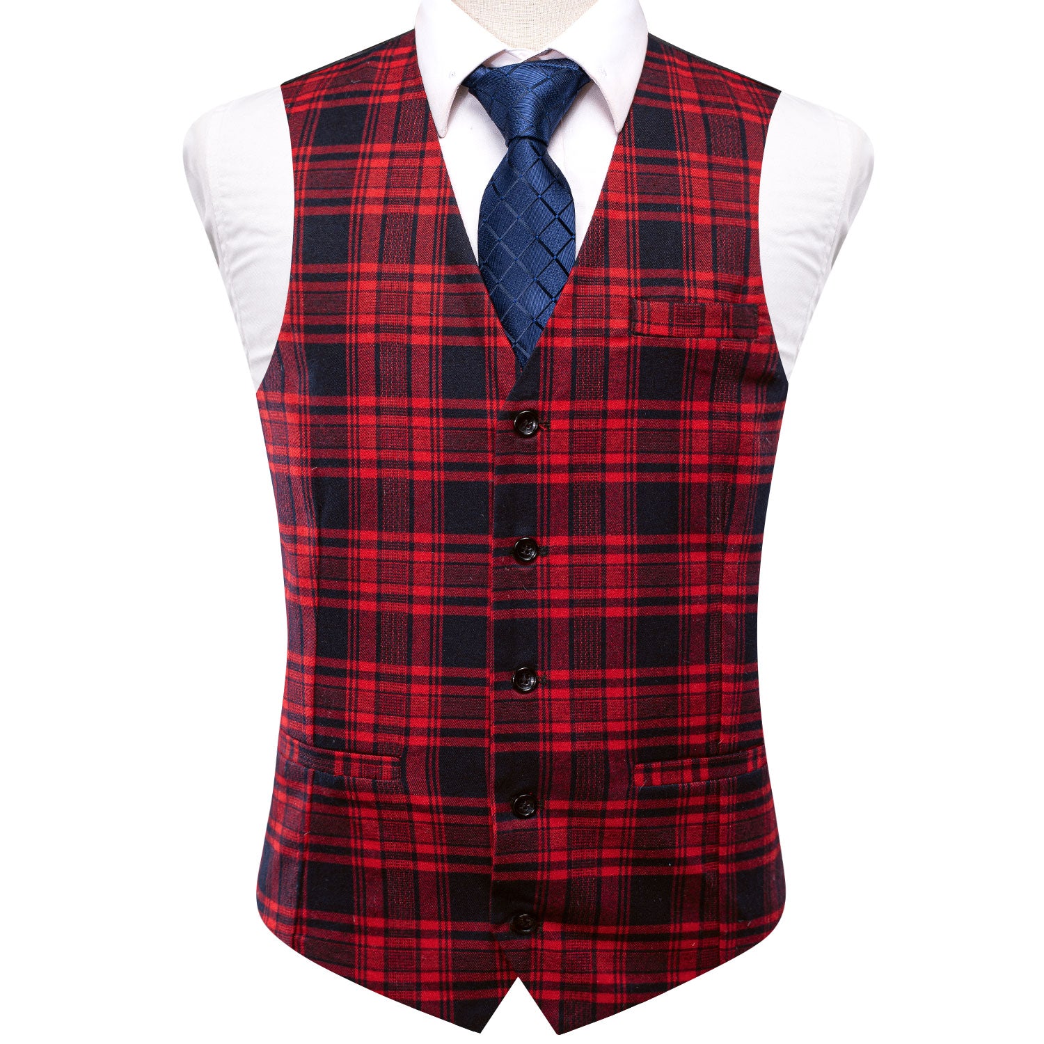 Red Black Plaid Silk Men's Single Vest Waistcoat
