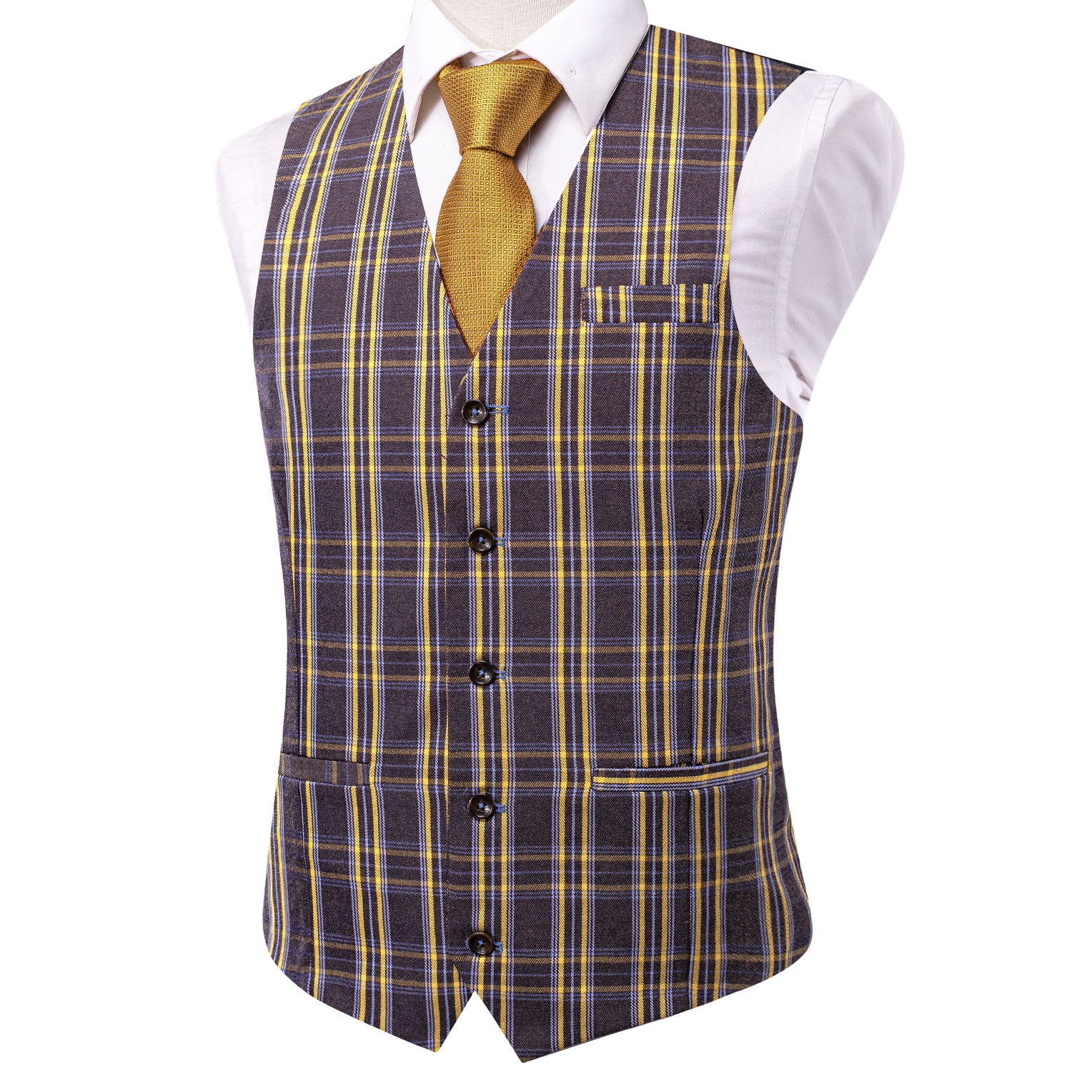 Brown Yellow Plaid Silk Men's Single Vest Waistcoat