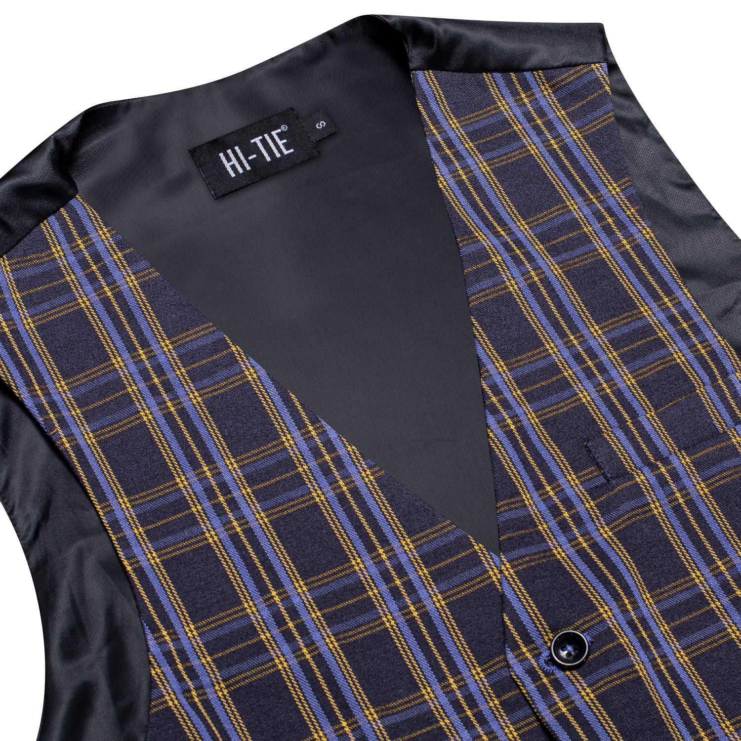 Navy Blue Yellow Plaid Silk Men's Single Vest Waistcoat