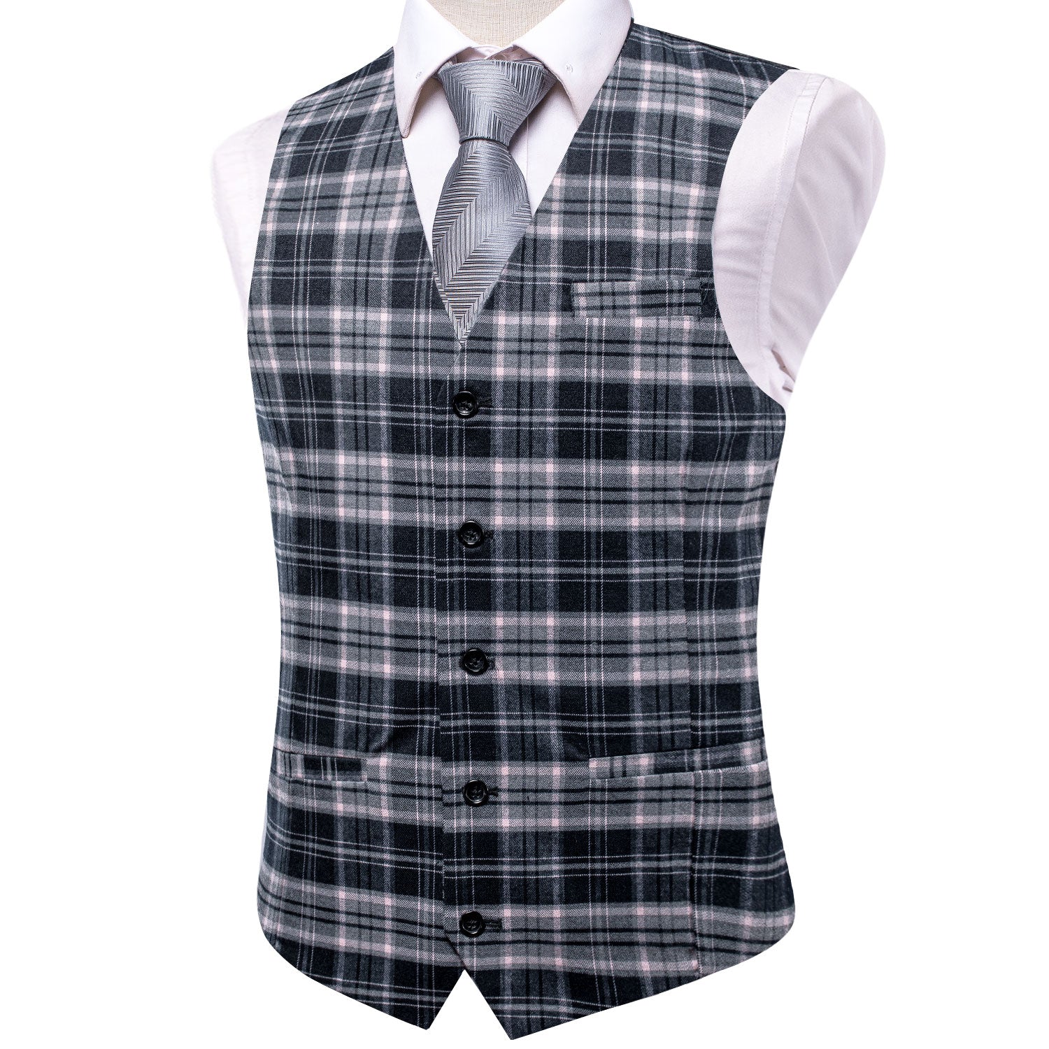 Grey Pink Plaid Silk England Style Men's Single Vest Waistcoat