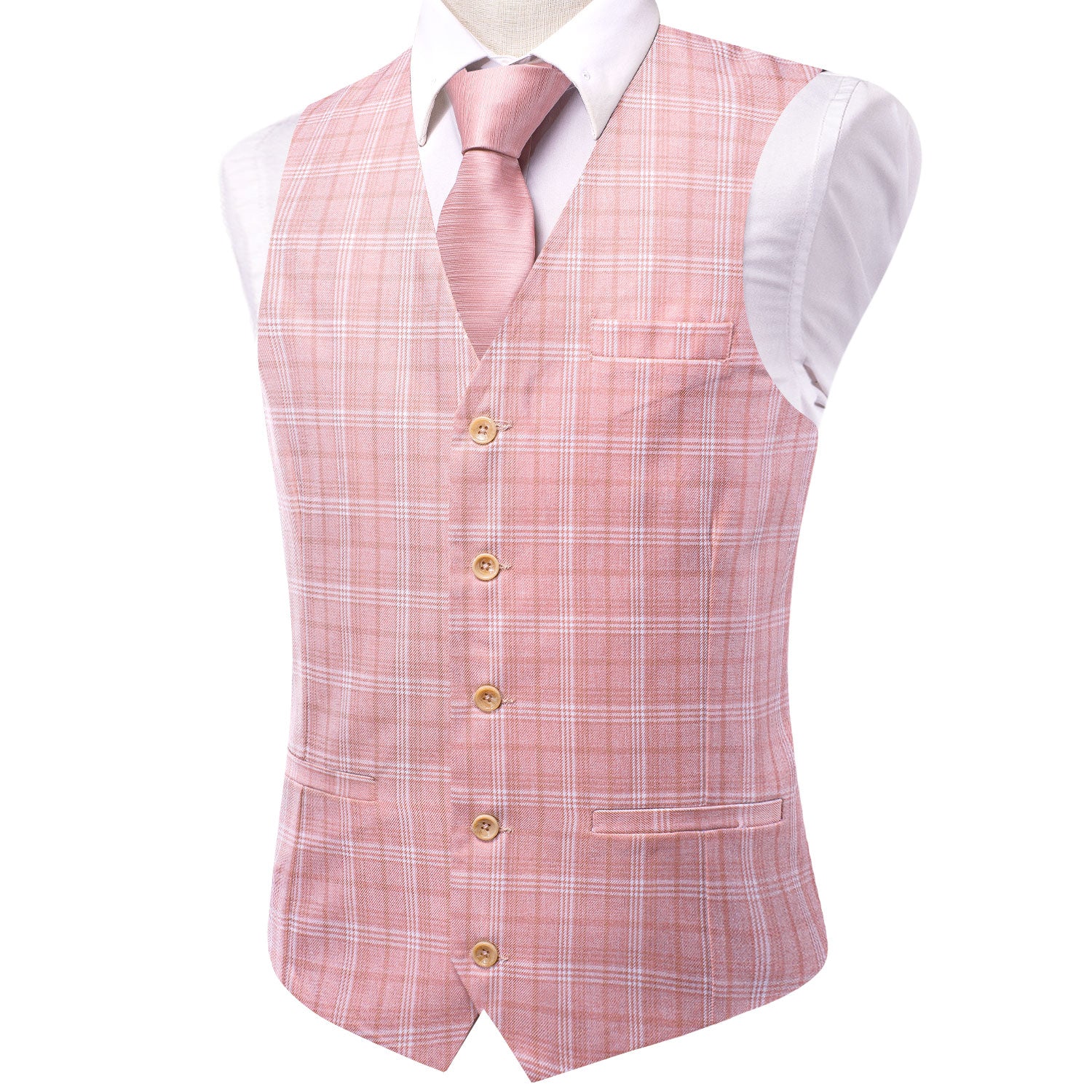 Pink White Plaid Silk England Style Men's Single Vest Waistcoat