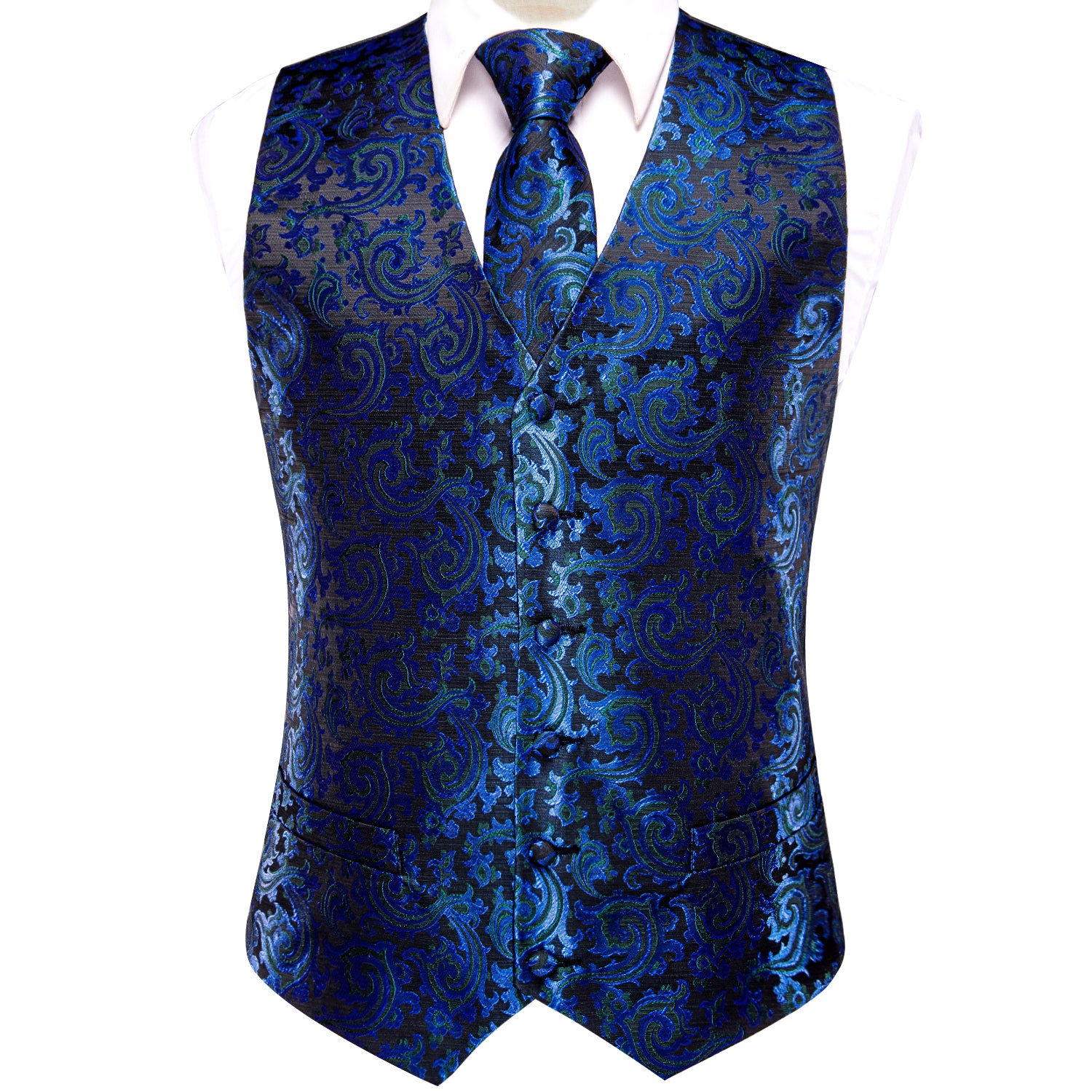 Black Blue Paisley Novelty Silk Wedding Men's Vest Necktie Set