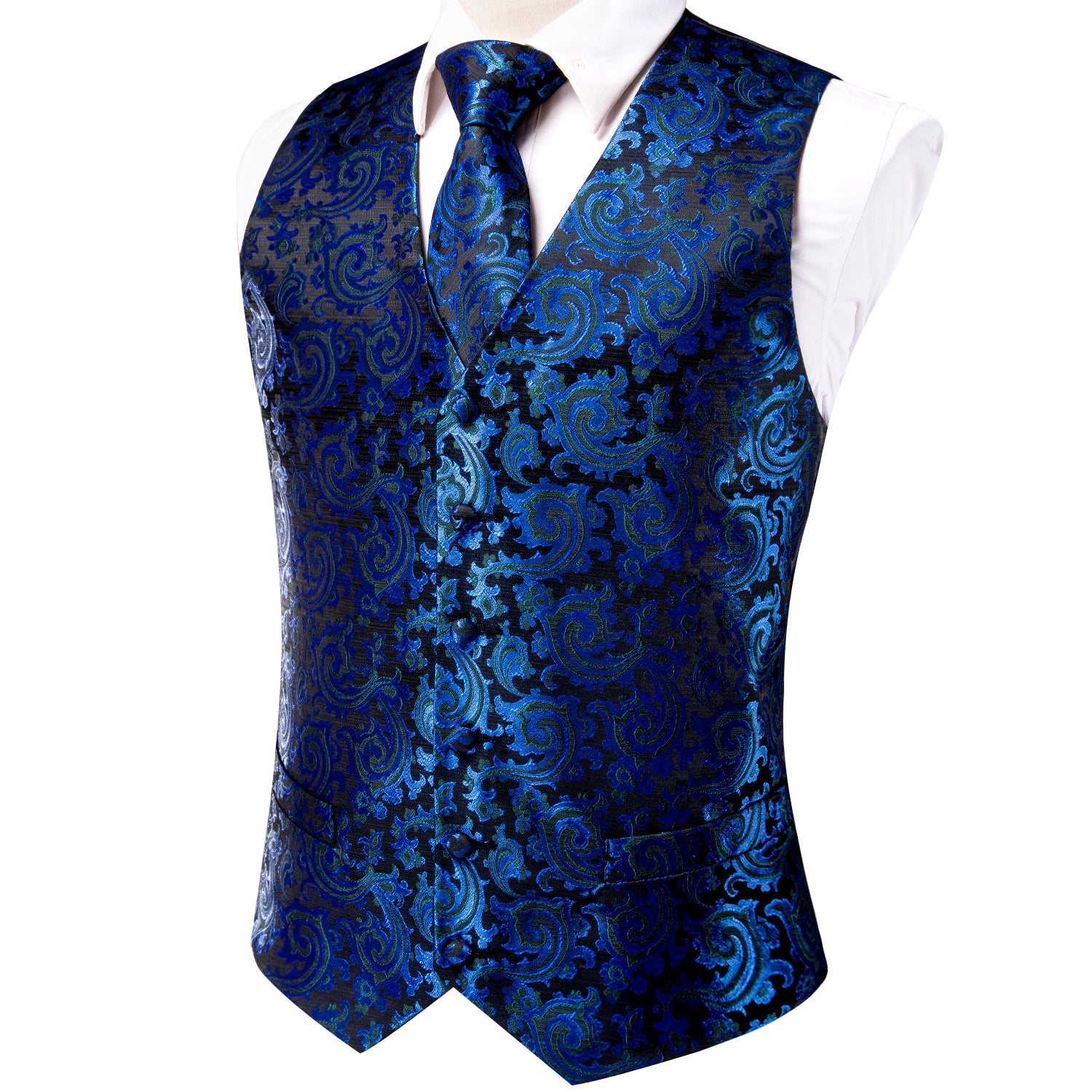Black Blue Paisley Novelty Silk Wedding Men's Vest Necktie Set