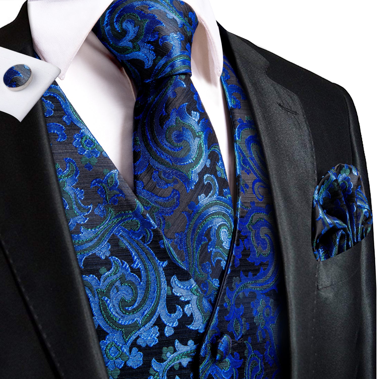 Black Blue Paisley Novelty Silk Men's Vest Hanky Cufflinks Tie Set Waistcoat Suit Set