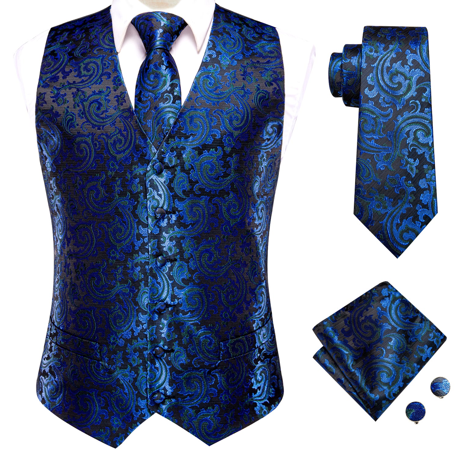 Black Blue Paisley Novelty Silk Wedding Men's Vest Necktie Set